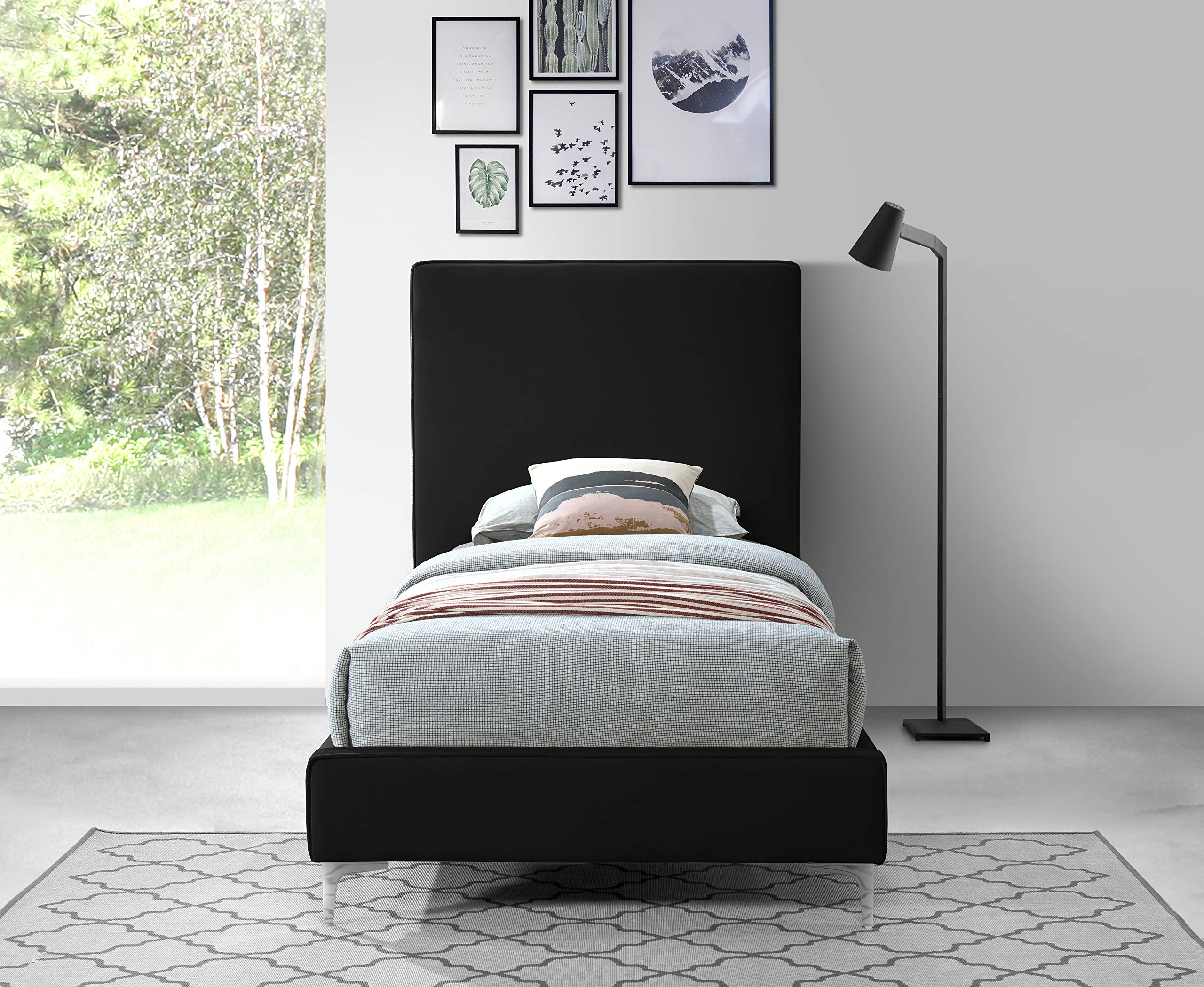 Modern Velvet Upholstered Bed with Gold/Chrome Headboard - Twin Size Black Bed Frame for Contemporary Bedrooms | Meridian Furniture Geri Collection