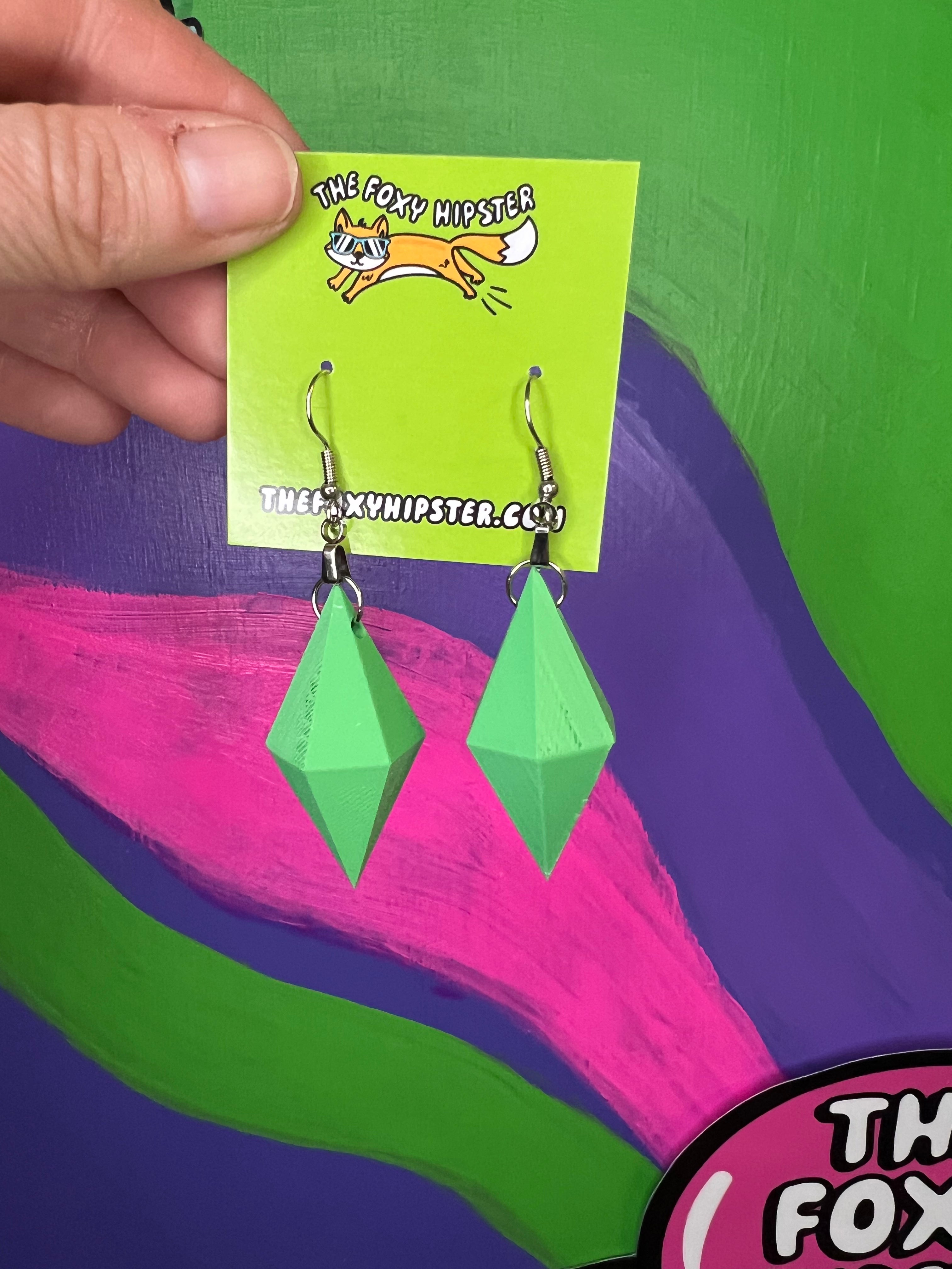 The Sims 3D Green Plumbob Dangle Earrings - Video Game Inspired Jewelry for Cosplay & Gamer Fashion - Perfect for Themed Parties & Convention Outfits