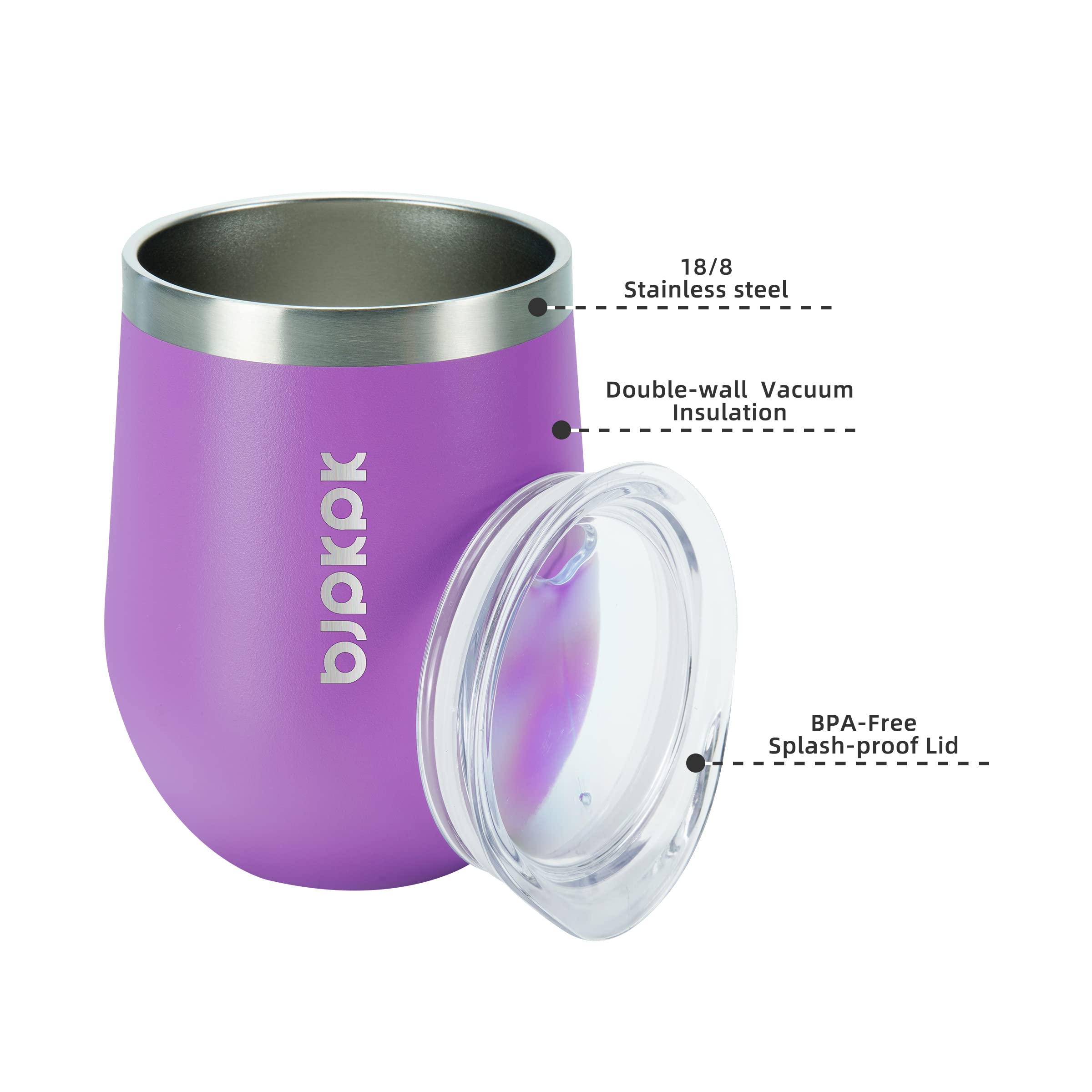 2 Pack 12oz Insulated Stainless Steel Wine Tumblers - Double Wall Vacuum Coffee Mugs with Lids, Unbreakable Wine Glasses for Hot & Cold Drinks - Perfect for Home, Office, Camping & Outdoor Activities (Purple)