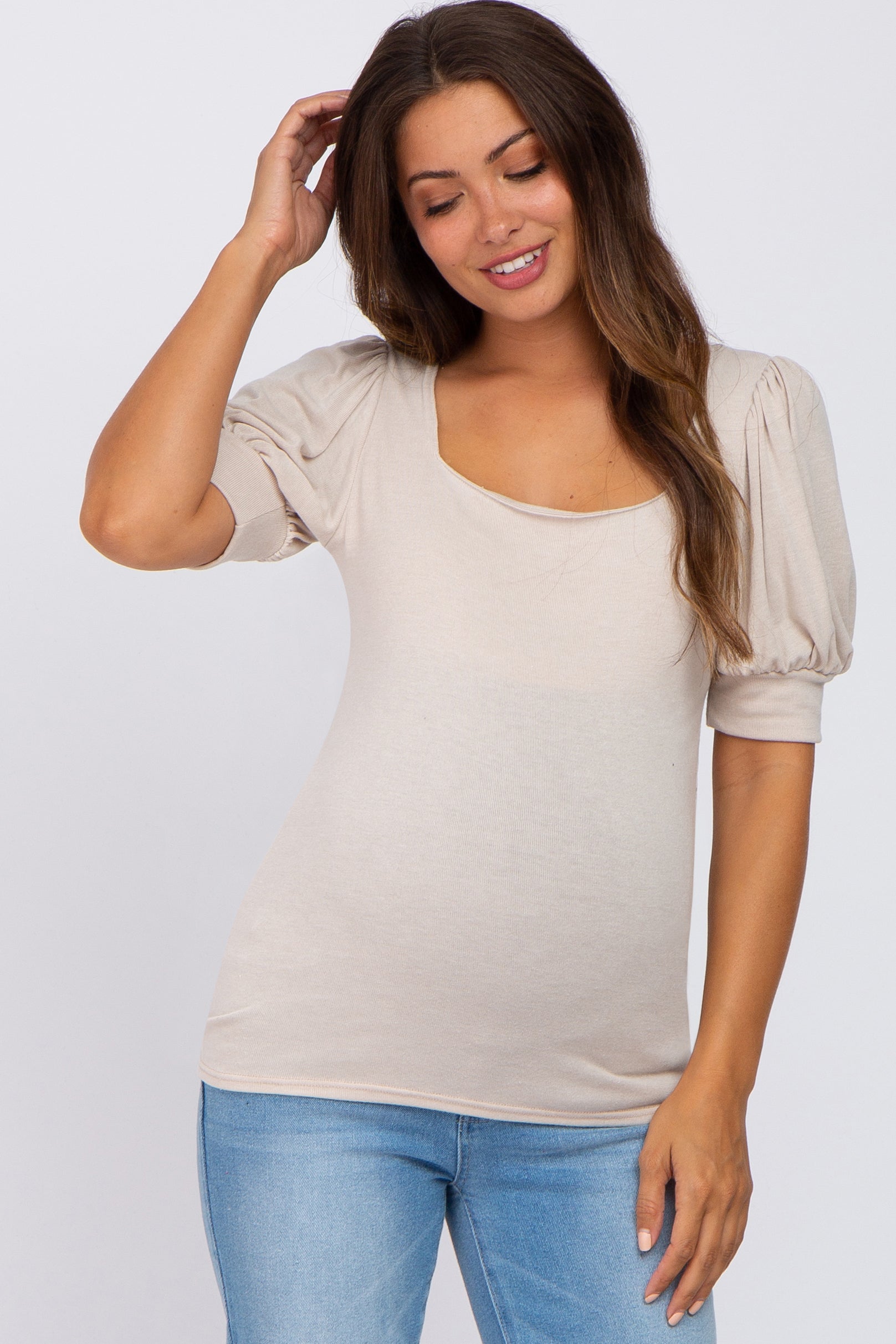 Beige Knit Puff Sleeve Maternity Top for Women - Soft Stretchy Pregnancy Shirt - Perfect for Casual Wear, Baby Showers & Maternity Photos