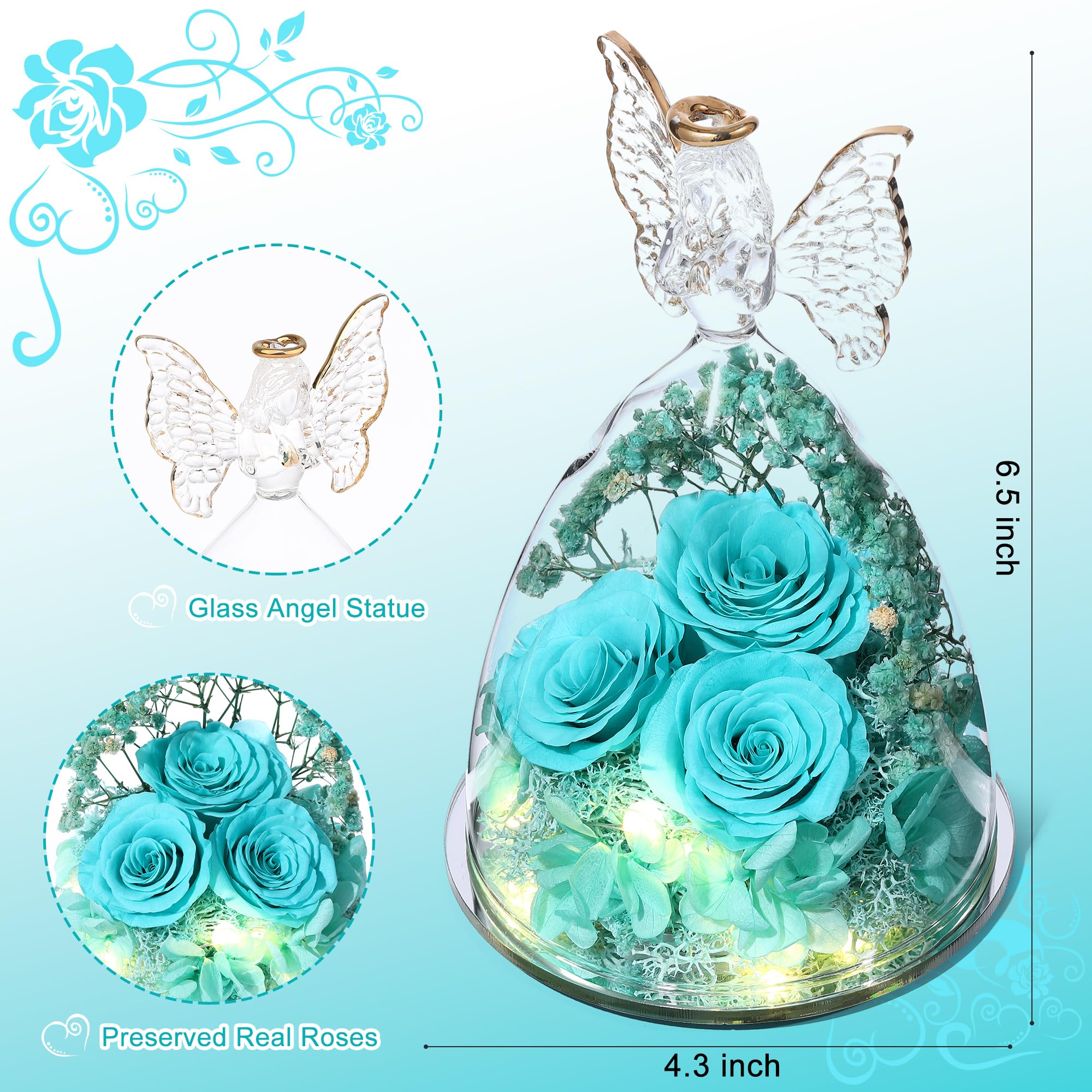 Glass Angel Figurine with 3 Preserved Real Roses - Eternal Rose Gift for Women, Mothers Day Present, Home Decor & Romantic Keepsake - Tify Blue