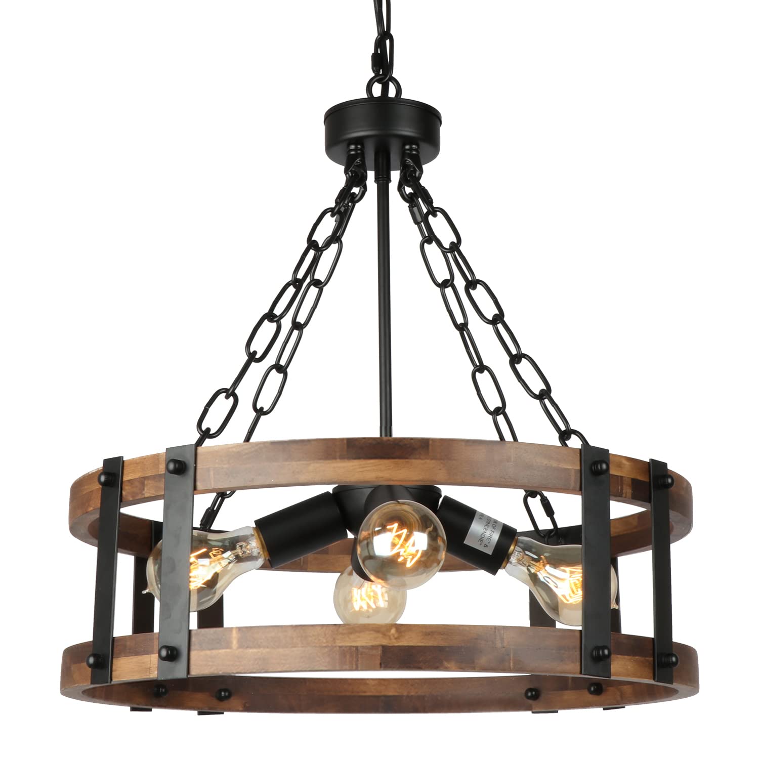 Rustic Wood Chandelier with Black Metal Accent - 4-Light Industrial Drum Pendant Light for Farmhouse Dining Room, Kitchen & Living Room | Vintage Style Ceiling Fixture for Cozy Home Decor & Dinner Parties