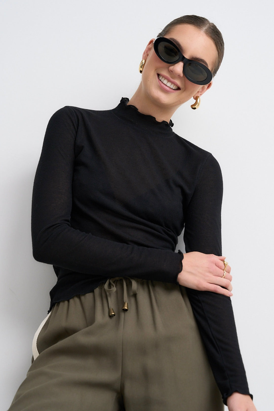 Asher Black Long Sleeve Lettuce Edge Knit Top for Women | Casual Chic Layering Piece for Fall & Winter | Perfect for Office, Dates & Everyday Wear