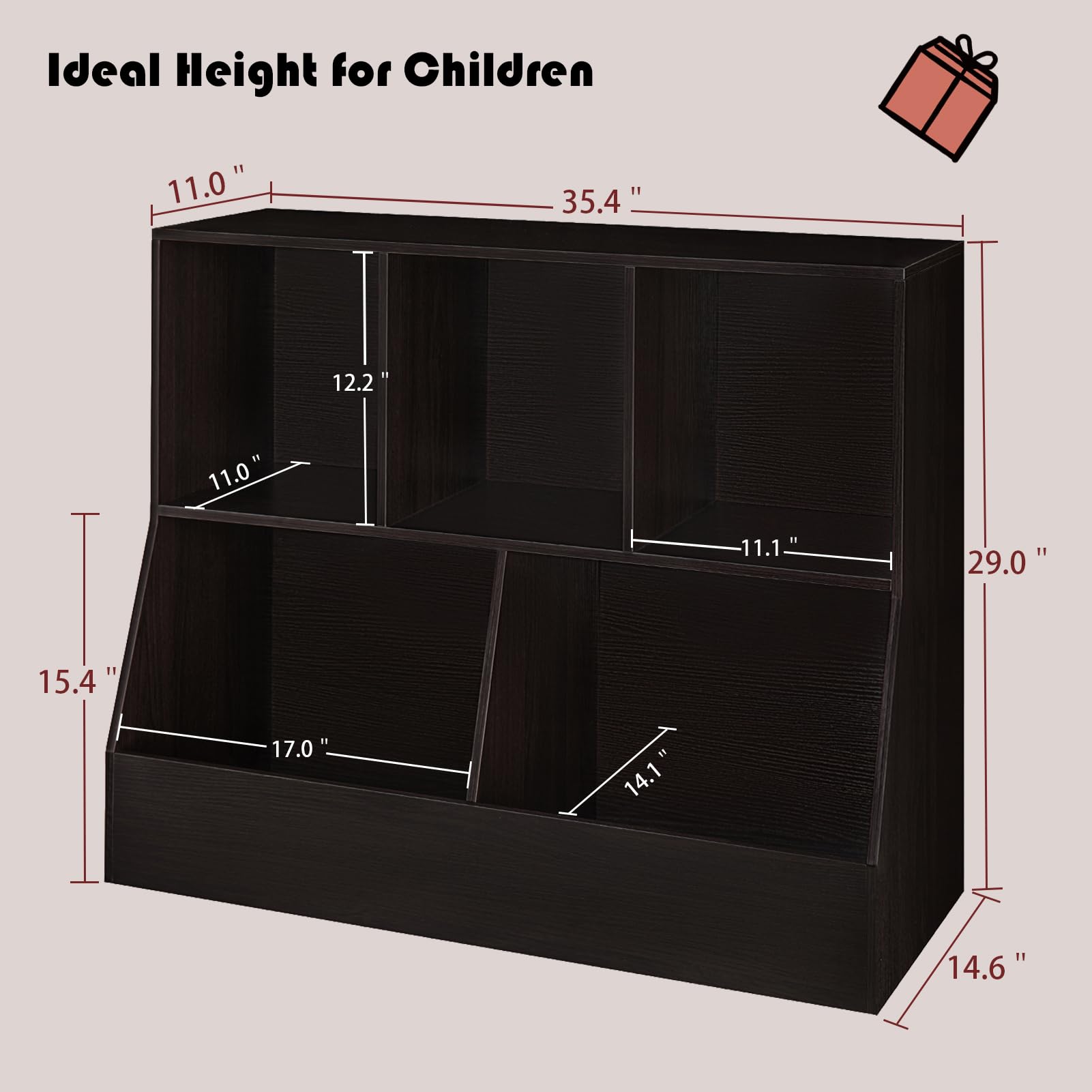 DINZI LVJ 5-Cubby Wooden Toy Storage Organizer & Kids Bookshelf - 35.4