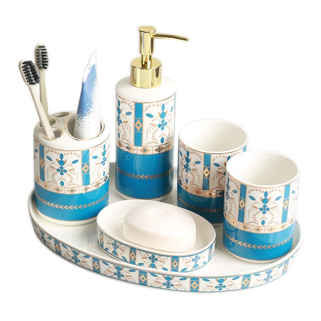 Premium 6-Piece Ceramic Bathroom Accessories Set - Soap Dispenser, Toothbrush Holder, Mug, Soap Dish & Utility Tray - Elegant Blue Bathroom Decor for Home, Hotel & Spa - Perfect Housewarming Gift & Household Essentials
