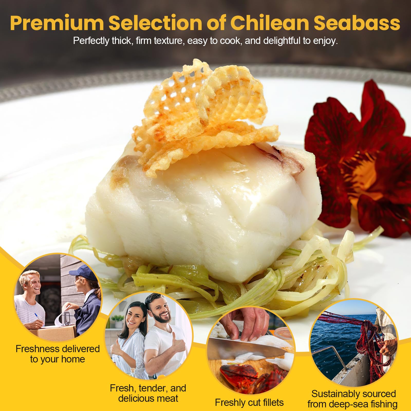 Premium Wild-Caught Chilean Sea Bass Fillets - Sustainably Sourced, Skinless, Freshly Frozen, 8 x 8 oz Portions (4 lbs) | Perfect for Grilling, Baking & Fine Dining | High-Quality Seafood for Restaurants & Home Chefs