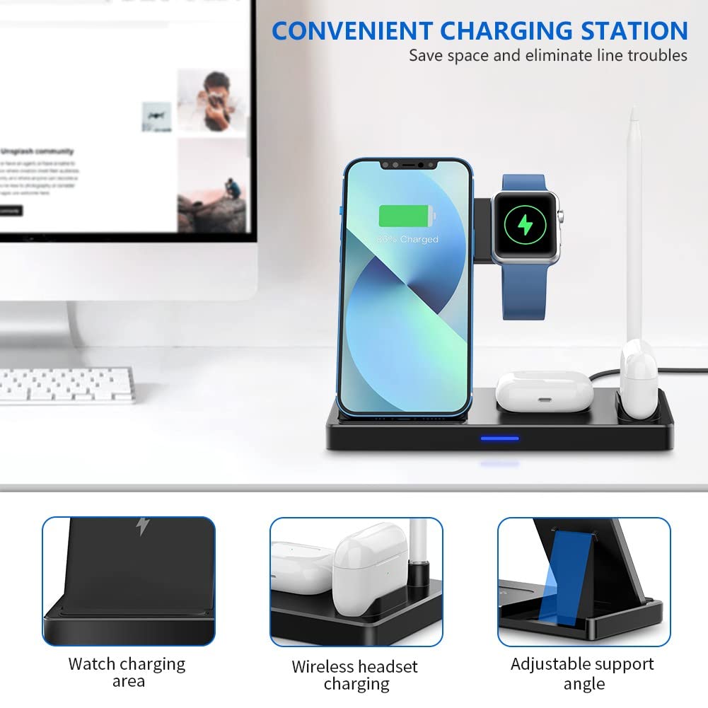 WAITIEE 5-in-1 Wireless Charging Station - Fast Qi Charger Dock for iPhone 13/12/11 Series, Apple Watch SE/7/6/5/4/3/2, AirPods Pro/3/2/1 & Apple Pencil | Compact Multi-Device Charging Stand for Home, Office & Travel (Black)