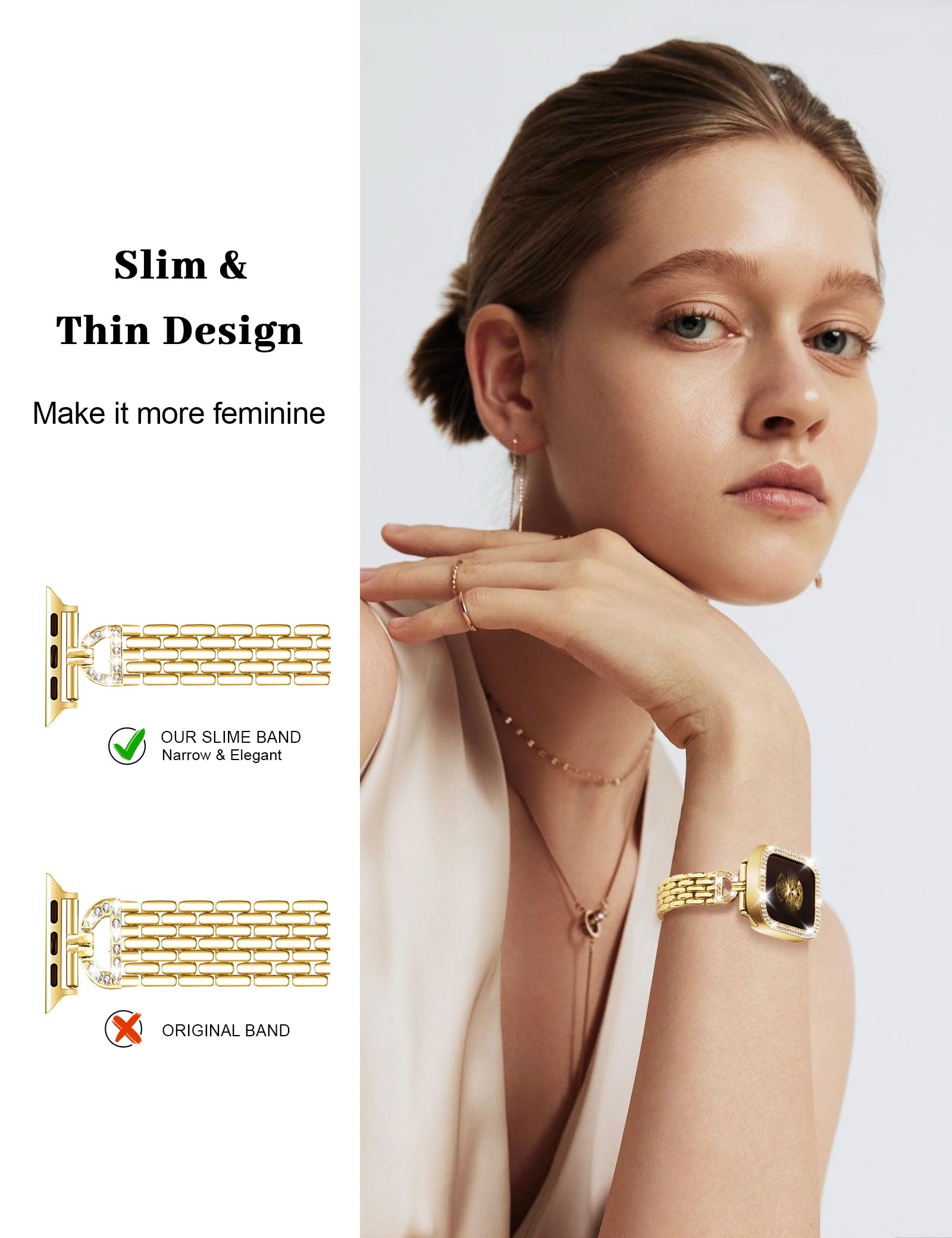 JR.DM Slim Bling Bracelet Case for Apple Watch - D-Shaped Stainless Steel Replacement Band Compatible with iWatch Series 10/9/8/7/6/5/4/3/2/1/SE/Ultra - Elegant Women's Accessory for Work, Party & Daily Wear
