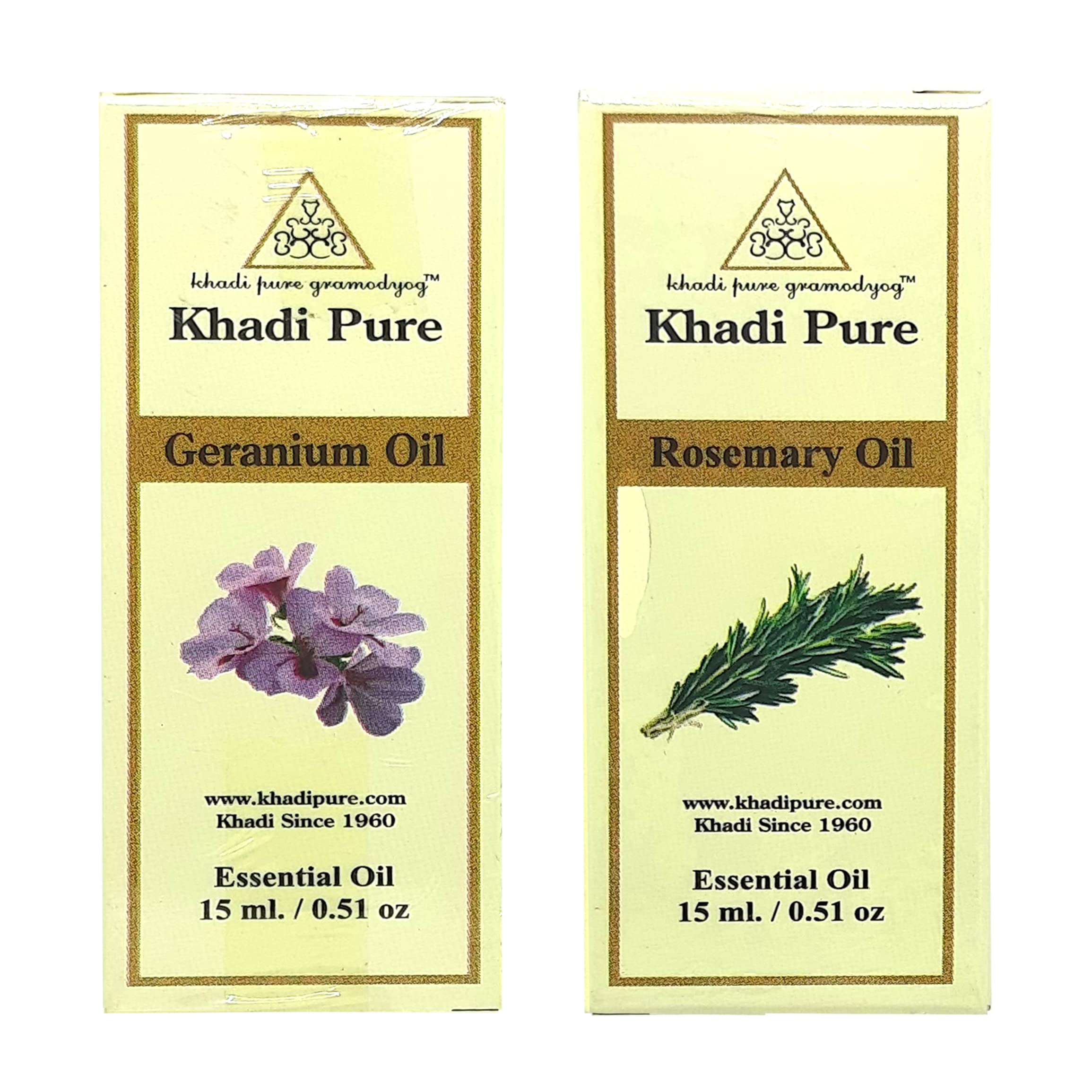 Khadi Pure Geranium & Rosemary Essential Oil - 15ml (Pack of 2) | Natural Aromatherapy Oil for Relaxation, Skin Care & Hair Growth | Perfect for Diffusers, Massage & DIY Beauty Products
