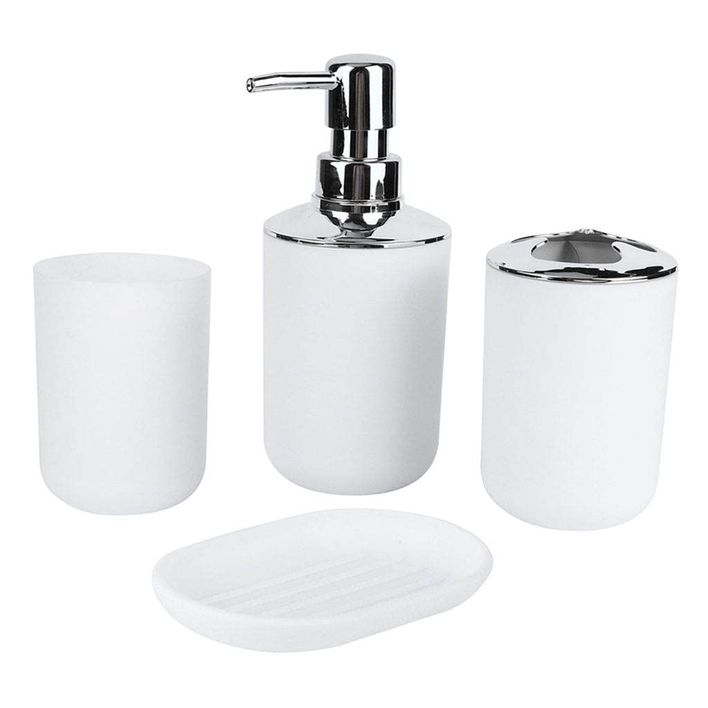 FAKEME 4-Piece ABS Plastic Bathroom Accessories Set - Toothbrush Holder, Soap Dispenser, Tumbler for Hotel & Home Bathroom Organization (White) | Space-Saving Bath Necessities for Countertop & Vanity