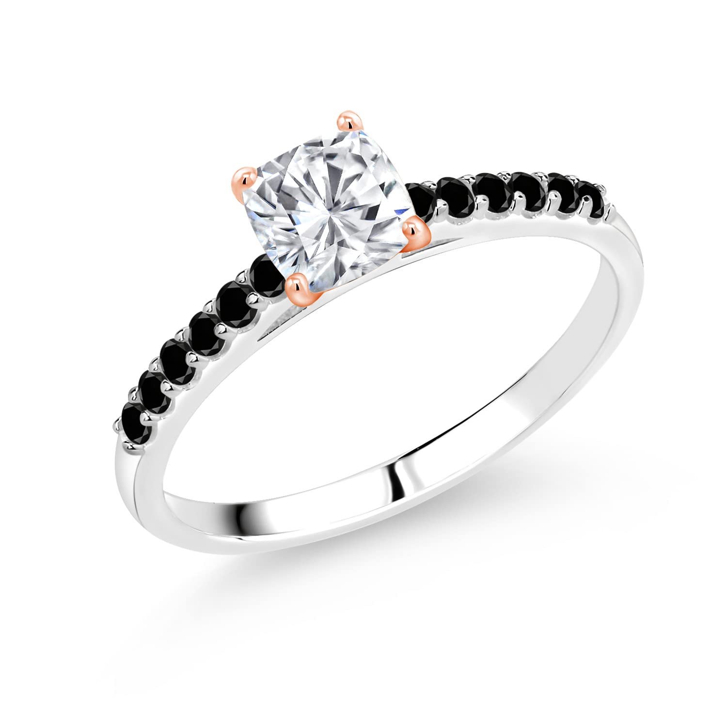 10K White Gold & Rose Gold Prong Black Diamond Ring with Moissanite (0.83 CTTW) - Elegant Wedding Band, Anniversary Gift for Her, Perfect for Engagement & Special Occasions
