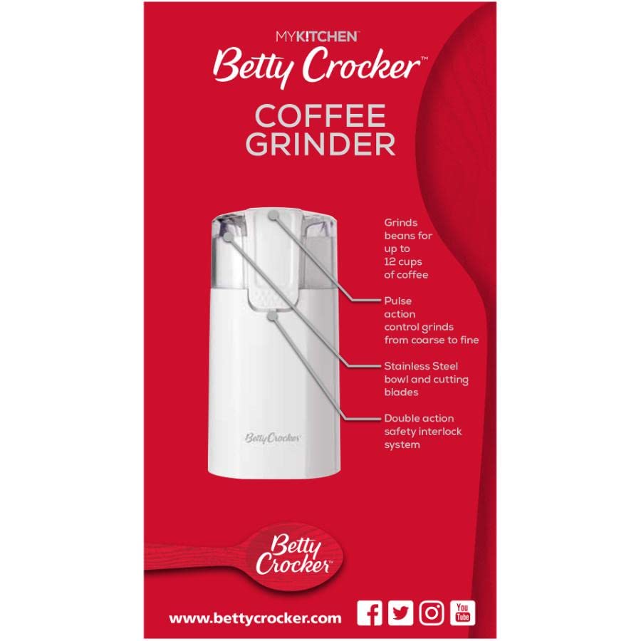 Betty Crocker BC-4800MK Electric Coffee Grinder & Spice Mill - White | Compact Kitchen Appliance for Fresh Ground Coffee, Peppercorns & Herbs | Perfect for Home Brewing, Cooking & Baking