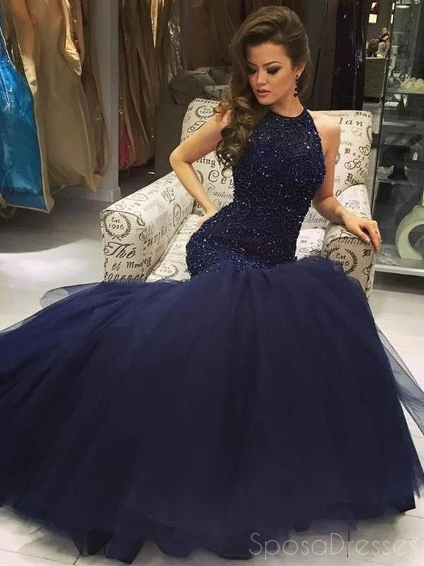 Elegant Navy Blue Beaded Mermaid Long Prom Dress for Sweet 16 & Formal Events | Halter Neckline Prom Gown 12361 | Perfect for Homecoming, Quinceañera & Evening Parties