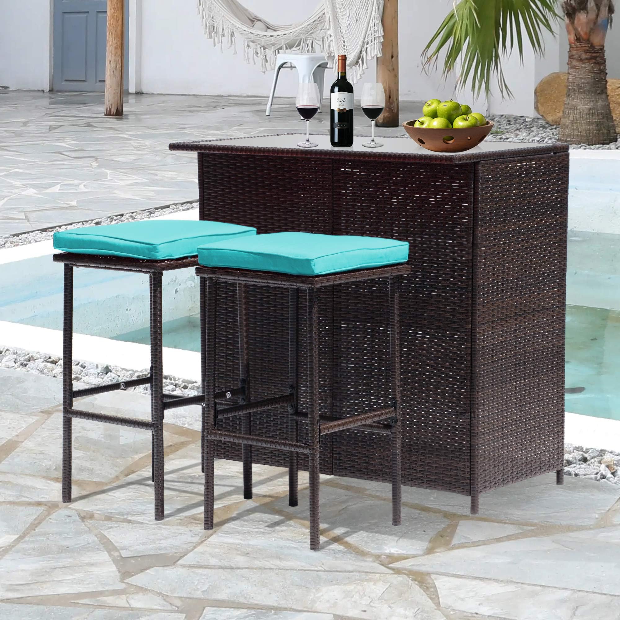 3-Piece Outdoor Bar Set with Removable Cushions - Patio Bar Table and Chairs in Wicker - Blue Backyard, Porch, Garden & Poolside Furniture Set for Relaxing and Entertaining