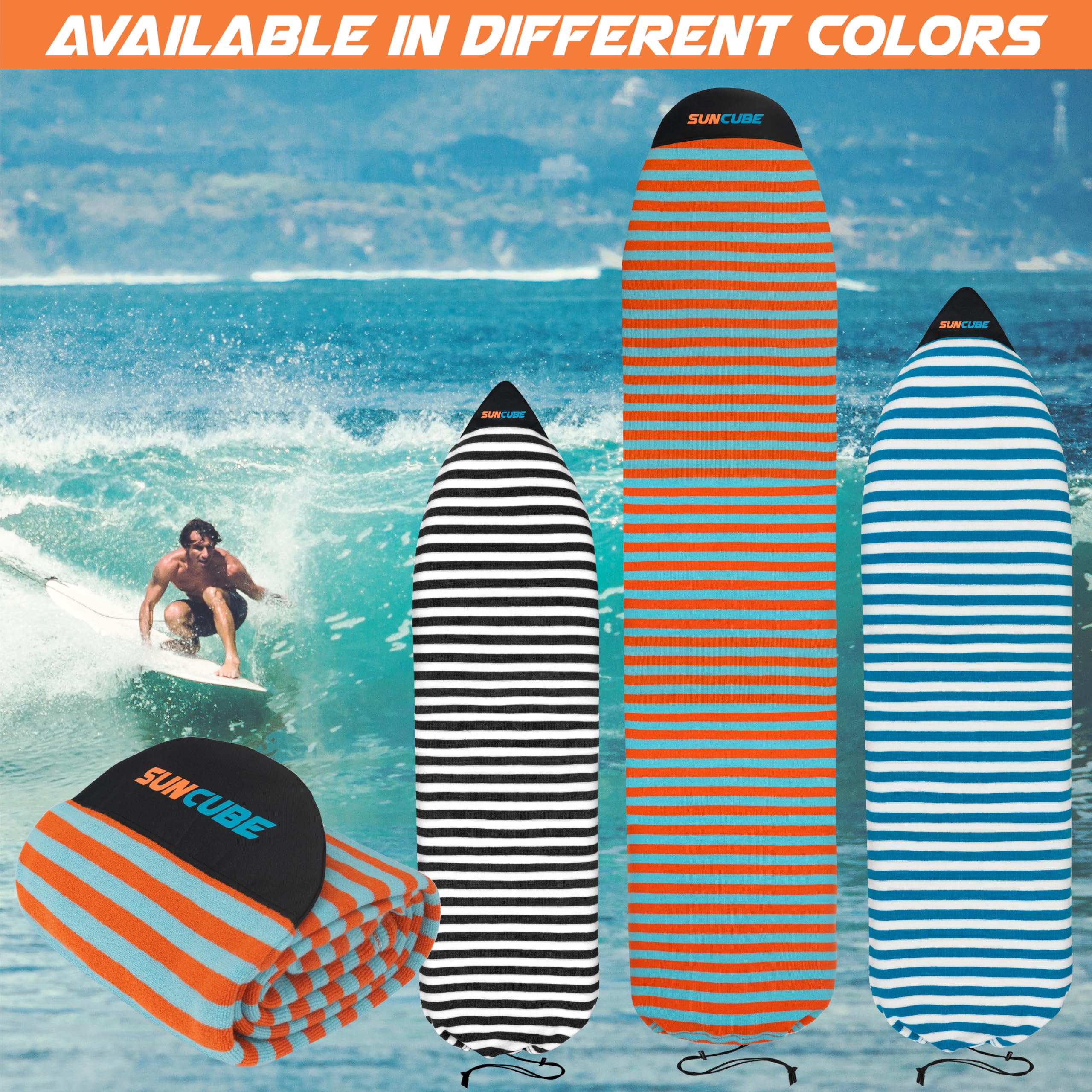 **SUN CUBE Surfboard Sock Cover - Stretchy Protective Bag for Longboard, Hybrid & Shortboard - Ideal for Travel, Storage & Board Protection**