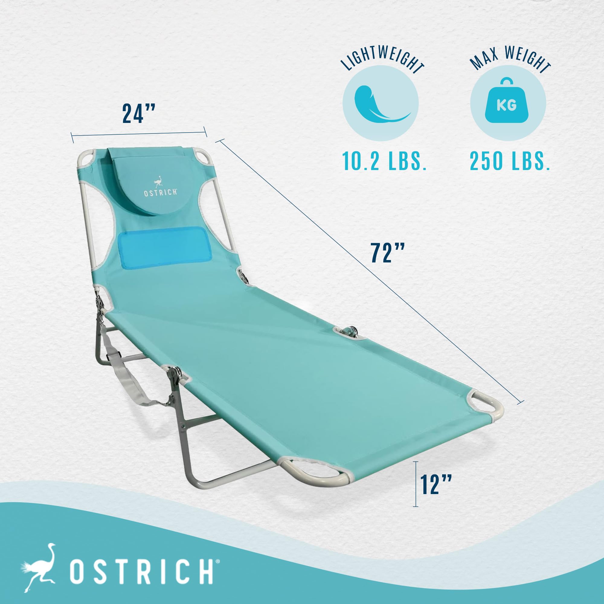 Ostrich Ladies Comfort Lounger - Foldable Beach Camping Pool Tanning Chair in Aqua | Perfect for Outdoor Relaxation, Sunbathing & Travel