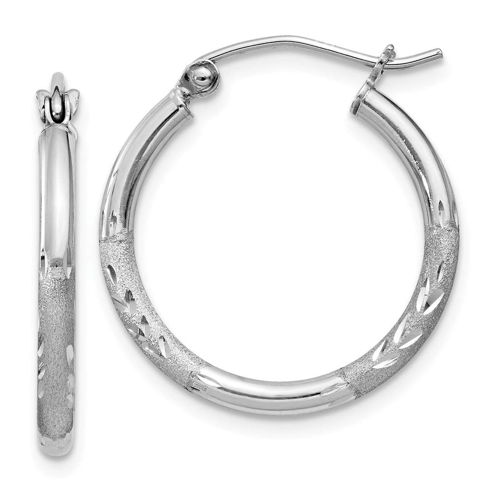 Sterling Silver Rhodium-Plated 2mm Satin & Diamond Cut Hoop Earrings for Women - Elegant Everyday Jewelry for Work, Date Night & Special Occasions