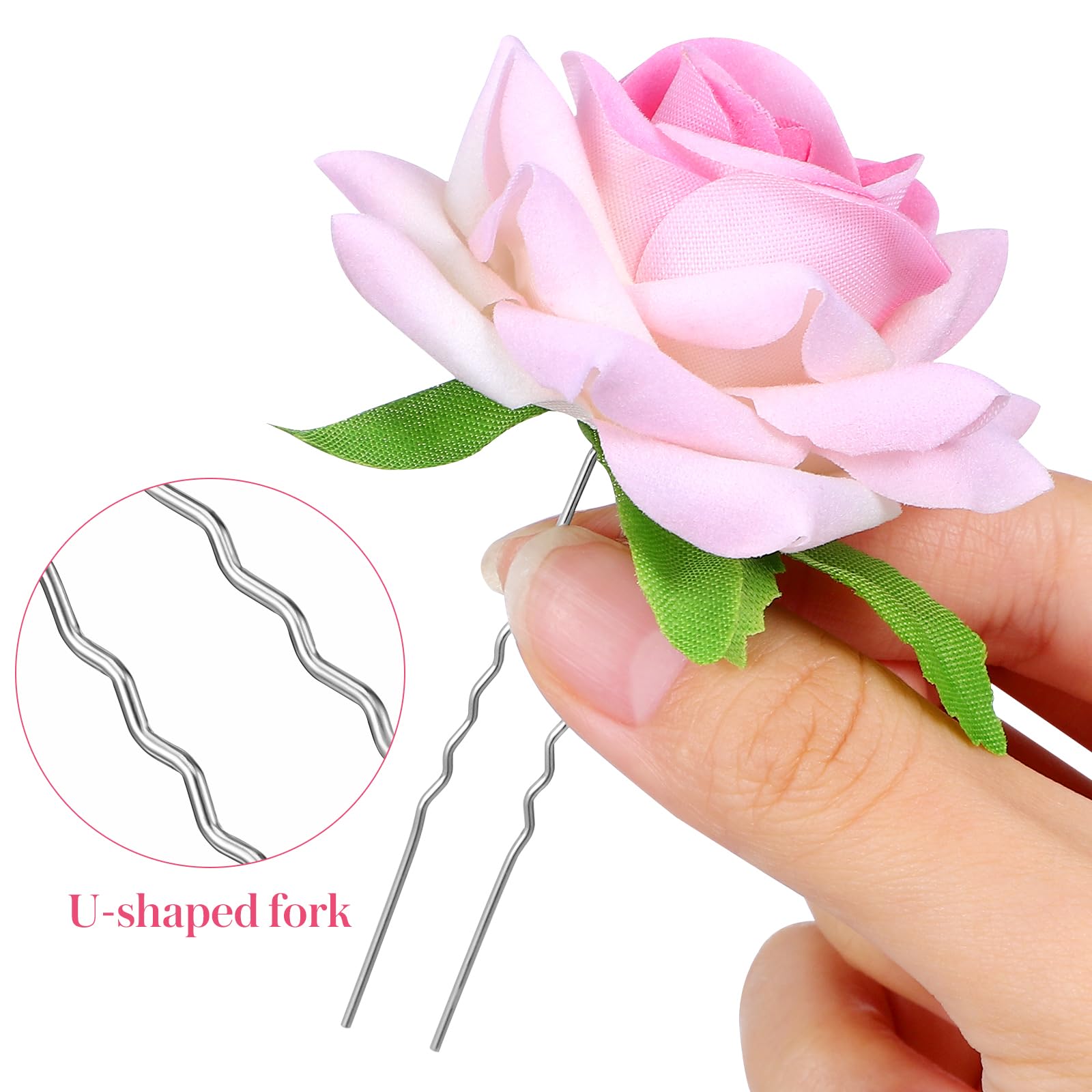 Lurrose 6pcs Pink Rose Hair Clips - U-Shaped Hair Forks Floral Bobby Pins for Women, Bridesmaids & Wedding Party | Perfect for Bridal Hairstyles, Prom, Special Occasions & Everyday Elegance