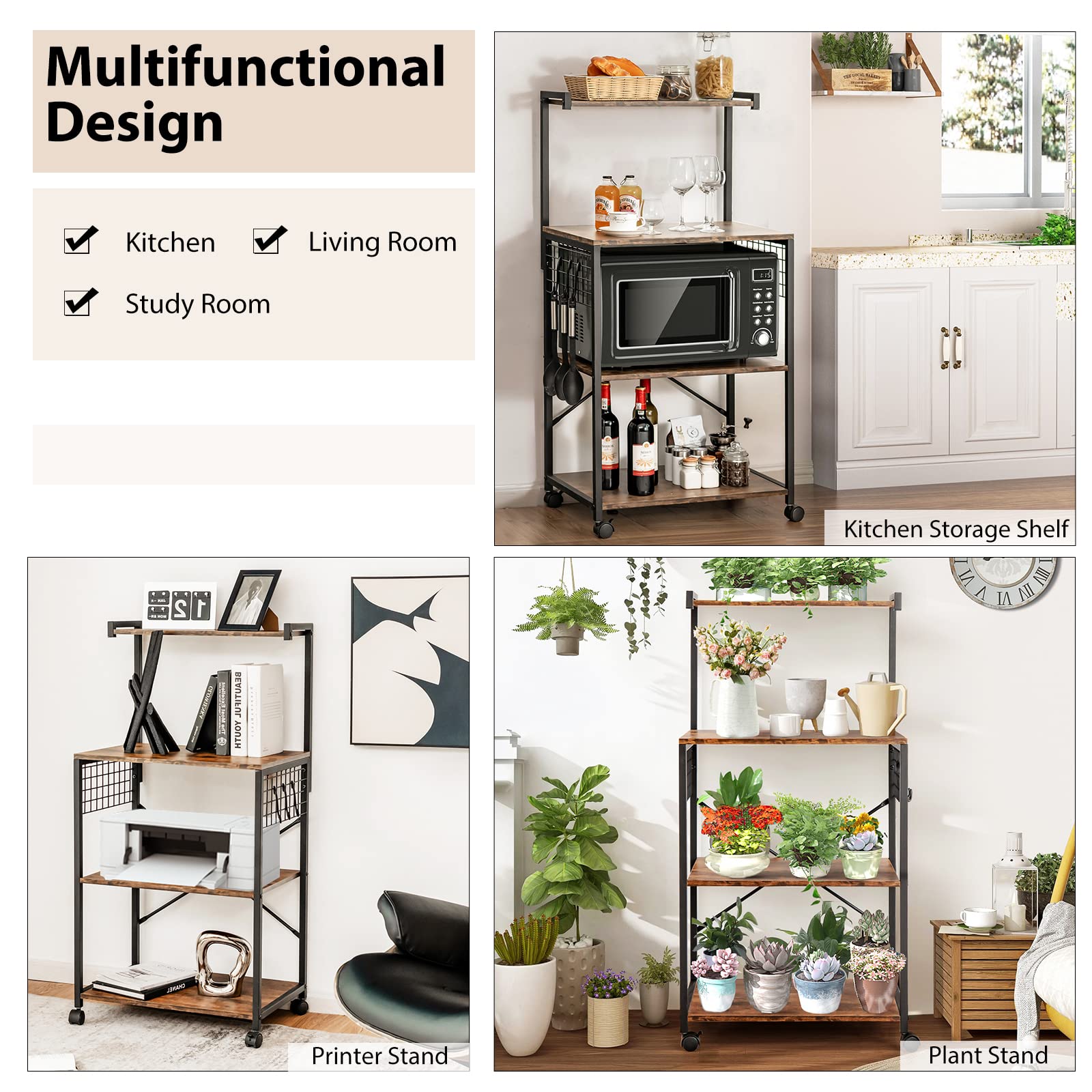 Giantex Industrial Rolling Kitchen Baker Rack with Wheels - 3 Hooks, Wood Shelves & Metal Frame - Microwave Stand, Storage Shelf for Dining Room & Pantry Organization (Rustic Brown) - Perfect for Small Kitchens, Bakeries & Home Storage Solutions