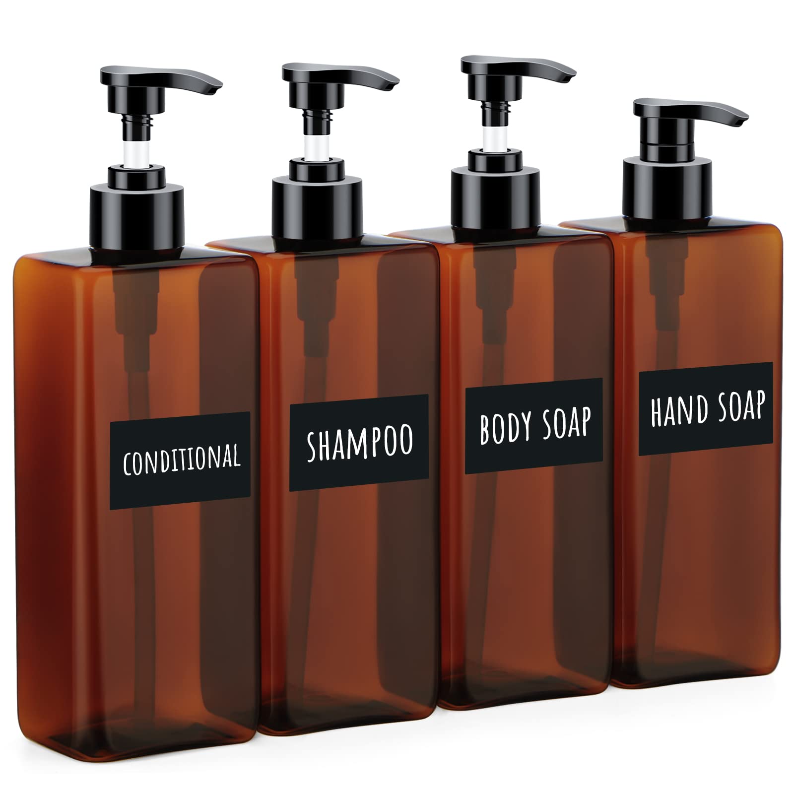 Segbeauty 4-Pack 16.9oz (500ml) Empty Refillable Shampoo & Conditioner Bottles with Pump Dispenser - Plastic Reusable Soap Dispenser for Shower, Hand Wash, Lotion & Dish Soap - Includes Labels - Amber Color for Bathroom & Kitchen Organization