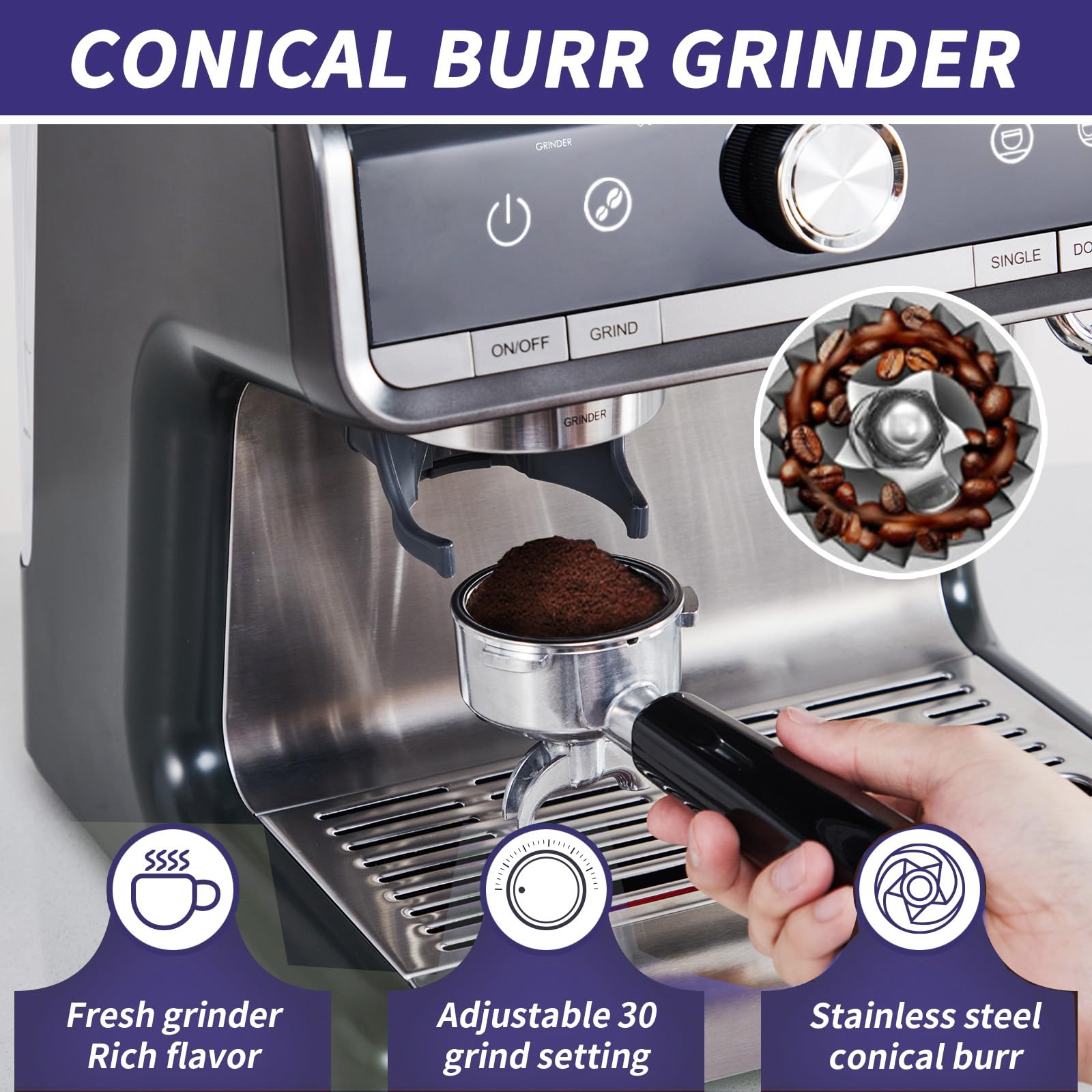 20 Bar Professional Espresso Machine with Built-in Grinder & Milk Frother - Home Coffee Maker for Espresso & Cappuccino with Removable Water Tank - Perfect Gift for Coffee Lovers (Home/Office/Cafe Use)