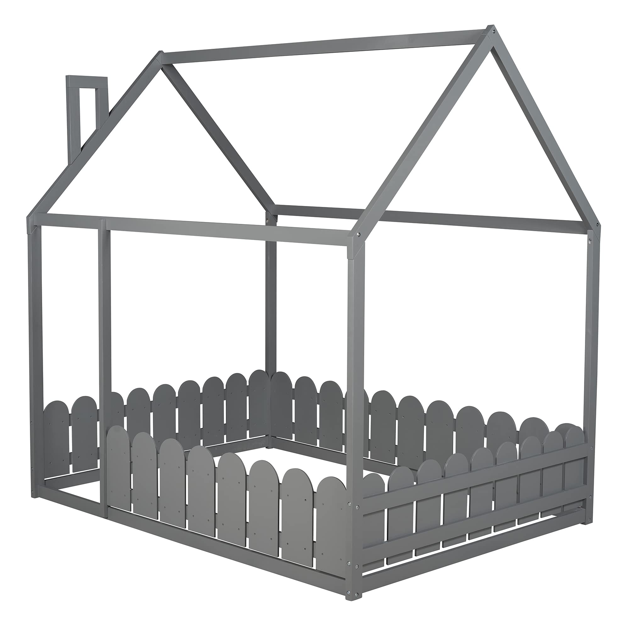 RUNNA Full Size Kids House Bed - Wooden Floor Bed Frame with Safety Fence | Cabin Style Nursery Furniture | Play Tent & Sleeping Space for Toddlers & Children | Gray (Unlimited Weight Capacity) - Perfect for Bedrooms, Playrooms & Montessori Environments