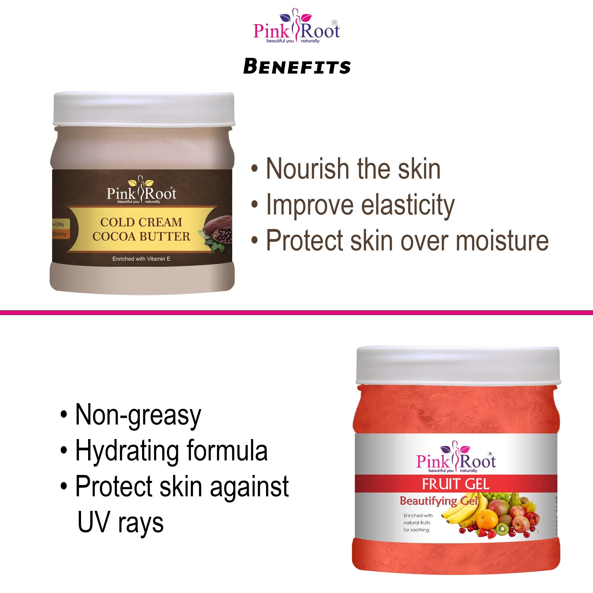 Organic Pink Root Cocoa Butter Cold Cream & Fruit Gel Set - 500gm Each for Dry Skin Care, Natural Moisturizer, Body Butter for Women & Men - Perfect for Night Routine, Massage Therapy & Spa Treatment at Home