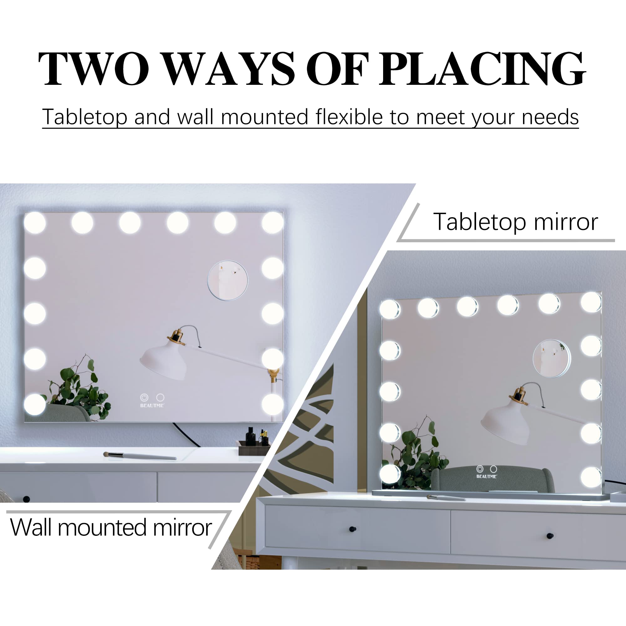 BEAUTME Hollywood Style Vanity Mirror with LED Lights - 24.4x19.7 Inch Tabletop/Wall Mounted Makeup Mirror, Detachable 10X Magnification for Precise Makeup Application - Perfect for Dressing Room, Bedroom & Bathroom Vanity (Silver)