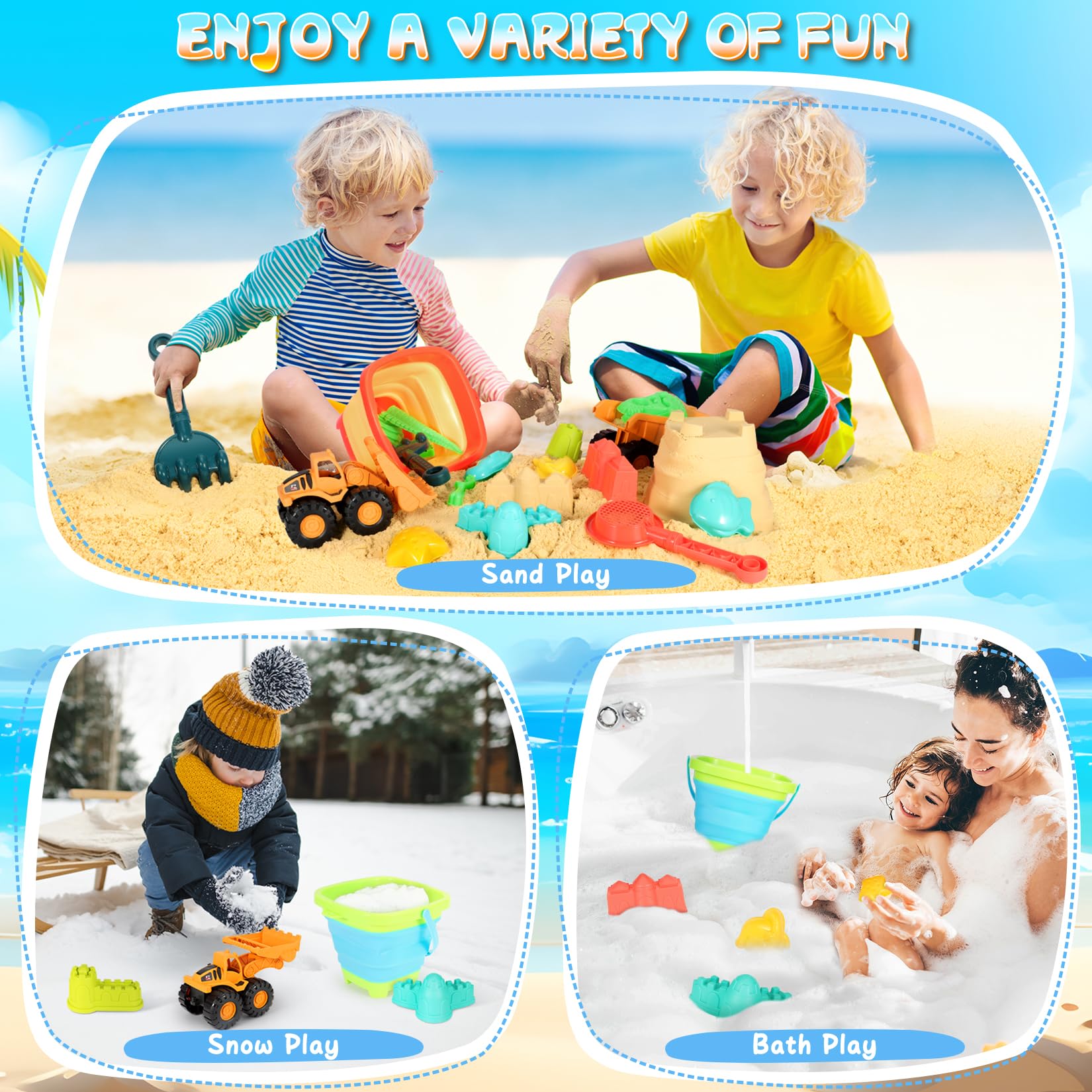 29PCS Beach Sand Toys Set for Kids Ages 3-10 - 2 Collapsible Buckets, 2 Dump Trucks, Dinosaur Molds, Castle Kit, Shovels & Mesh Storage Bag | Outdoor Sandbox & Travel Beach Toys for Toddlers | Perfect for Beach Vacations, Backyard Play & Summer Activities