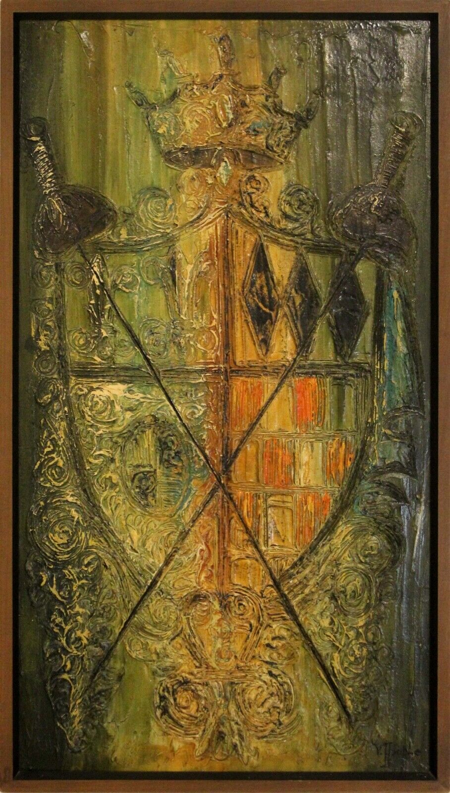 Van Hoople Family Crest Mid Century Modern Textured Framed Wall Art Painting - Vintage Home Decor for Living Room, Bedroom & Office