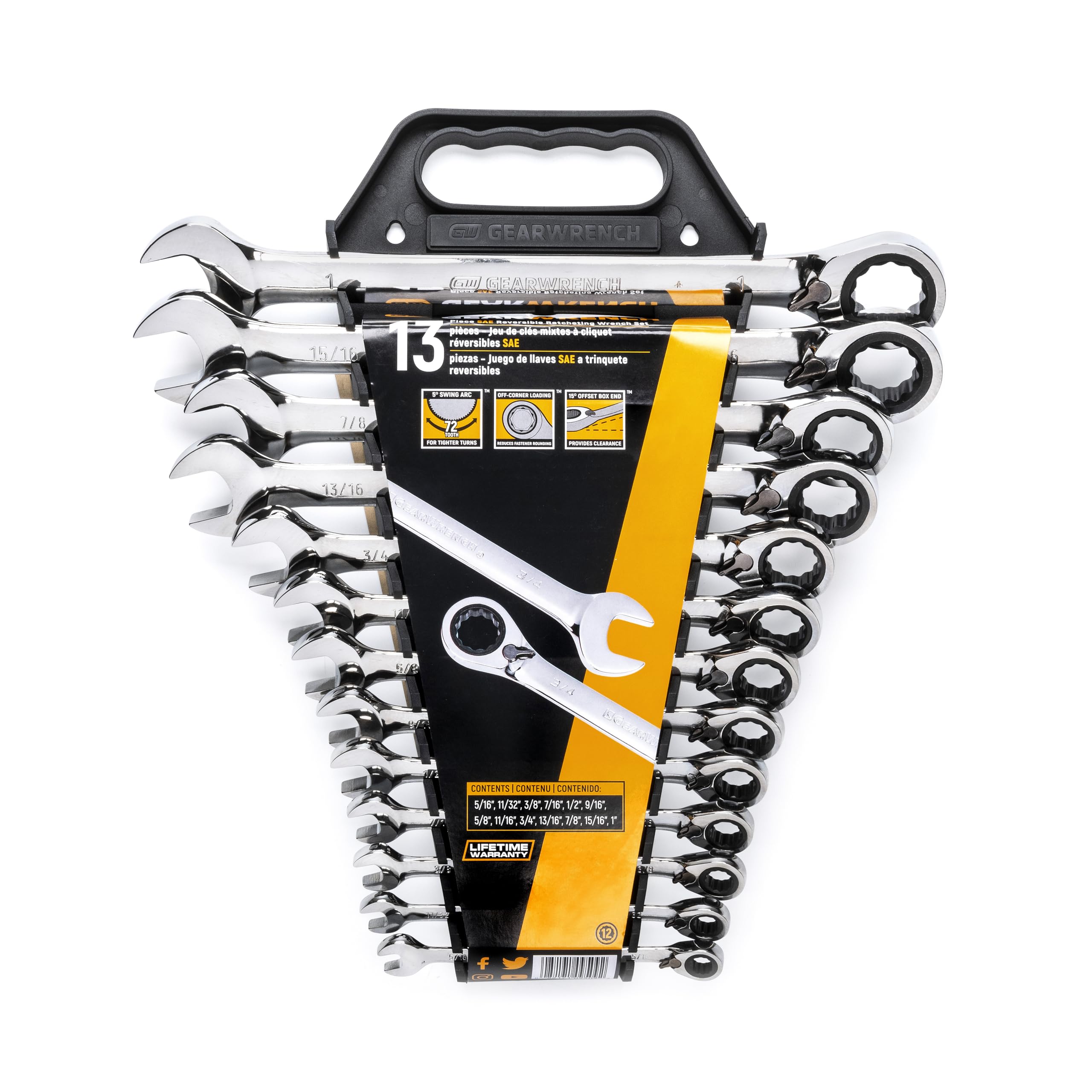 GEARWRENCH 13-Piece 12-Point Reversible Ratcheting Combination Wrench Set, SAE (9509N) - Professional Automotive & DIY Tool Kit for Mechanics and Home Repair