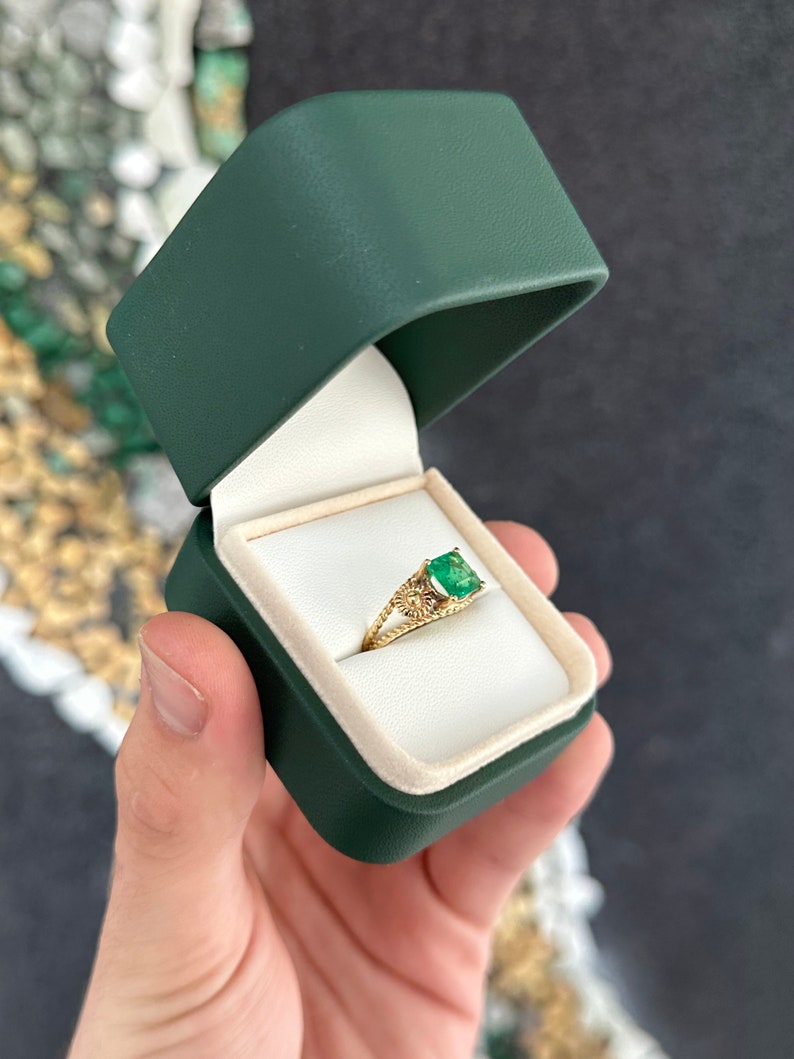 2.20ct 14K Gold Vintage Inspired Emerald Ring - Deep Vivid Green Asscher Cut Solitaire with 4 Prong Setting | Perfect for Engagement, Anniversary & Special Occasion Gifts