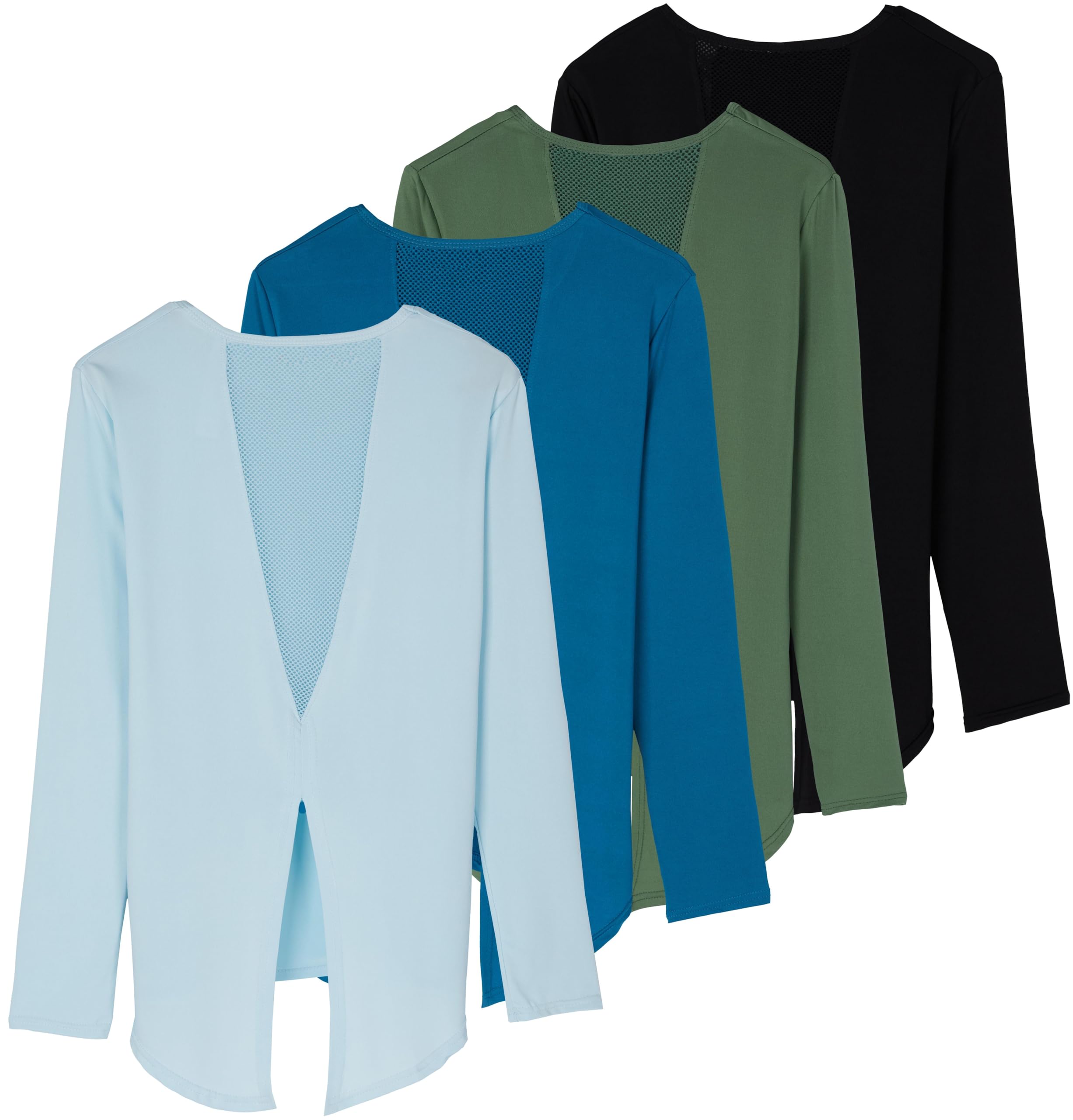 Real Essentials 4 Pack Women's Dry-Fit Long Sleeve Tie Back Athletic Workout T-Shirt - Moisture Wicking, Breathable Yoga & Gym Shirts for Women (Plus Size Available) - Perfect for Running, Pilates & Fitness Training