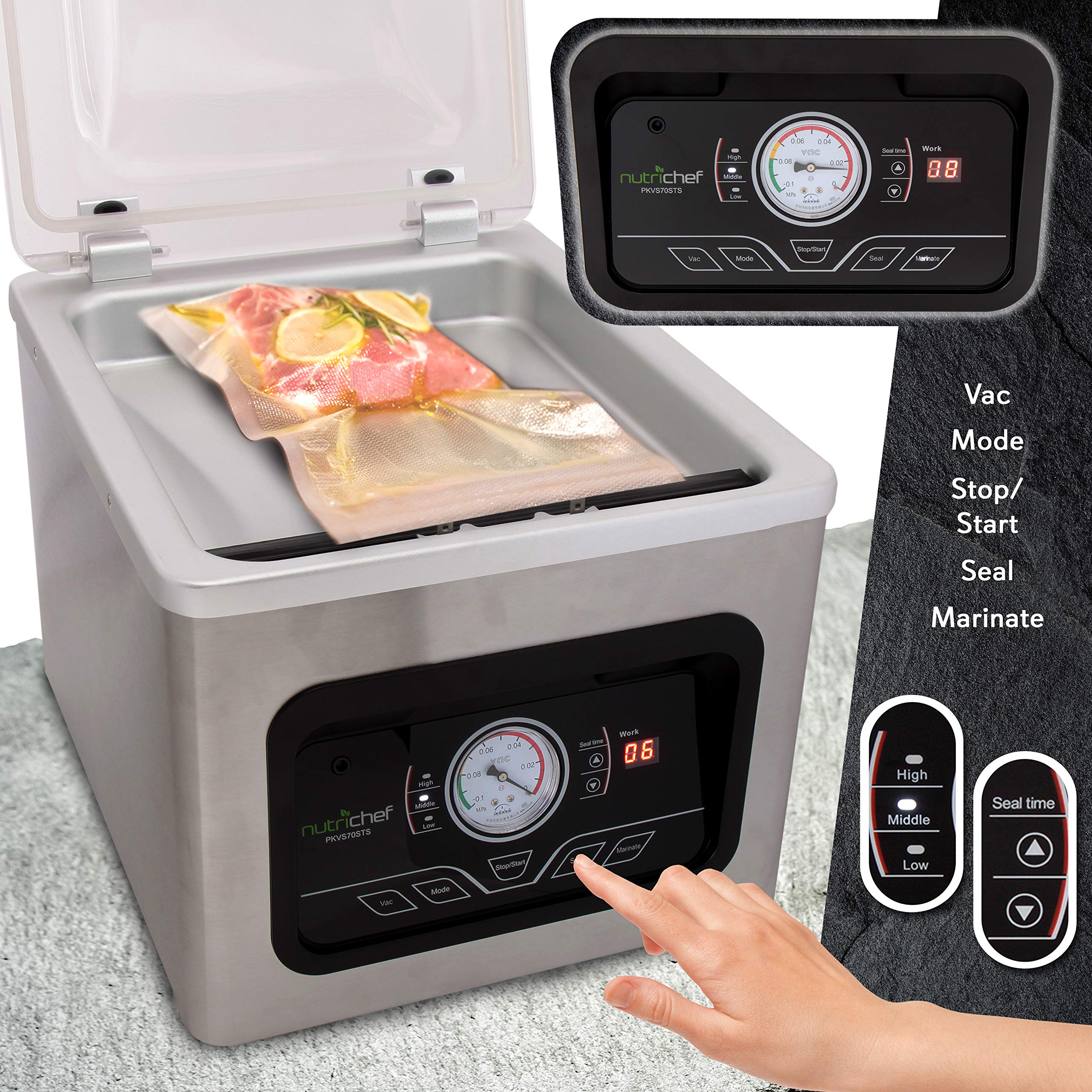NutriChef 350W Compact Vacuum Sealer Machine with 8L Chamber - Airtight Food Storage System for Sous Vide, Meal Prep & Long-Term Preservation - Includes Bags, Rolls & Accessories for Home & Commercial Kitchen Use