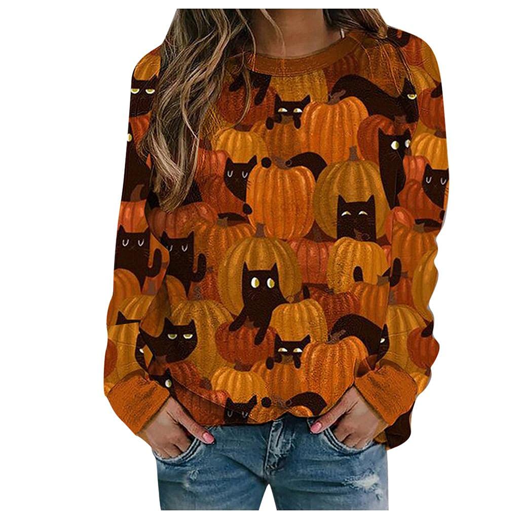 Women's Casual Long Sleeve Printed Crewneck Sweatshirt Tops - Halloween Costume Blouses & Shirts for Fall Fashion, Layering & Themed Parties