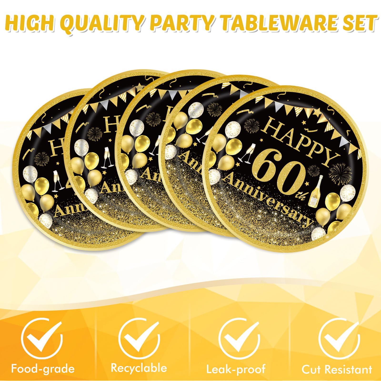 60th Wedding Anniversary Decorations Set - 41 PCS Black & Gold Party Supplies with Plates, Napkins, Tablecloth - Diamond Anniversary Party Favors for Men & Women - Perfect for 60th Birthday Celebrations, Retirement Parties & Milestone Events