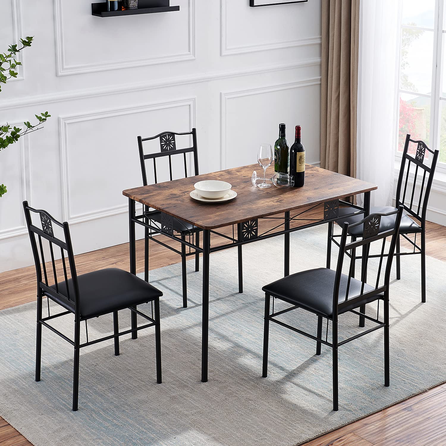 VECELO 5-Piece Retro Brown Kitchen Dining Table Set with 4 Chairs - Metal & Wood Rectangular Breakfast Nook for Small Spaces - Perfect for Apartments, Condos, and Cozy Family Meals