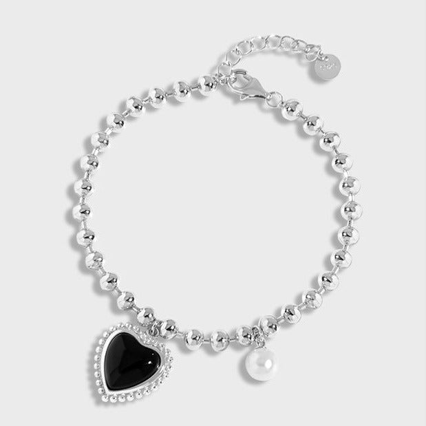Silver Bead Black Puffed Heart Bracelets for Women - Trendy Adjustable Charm Bangle for Valentine's Day, Anniversary, Party & Everyday Wear | HB585