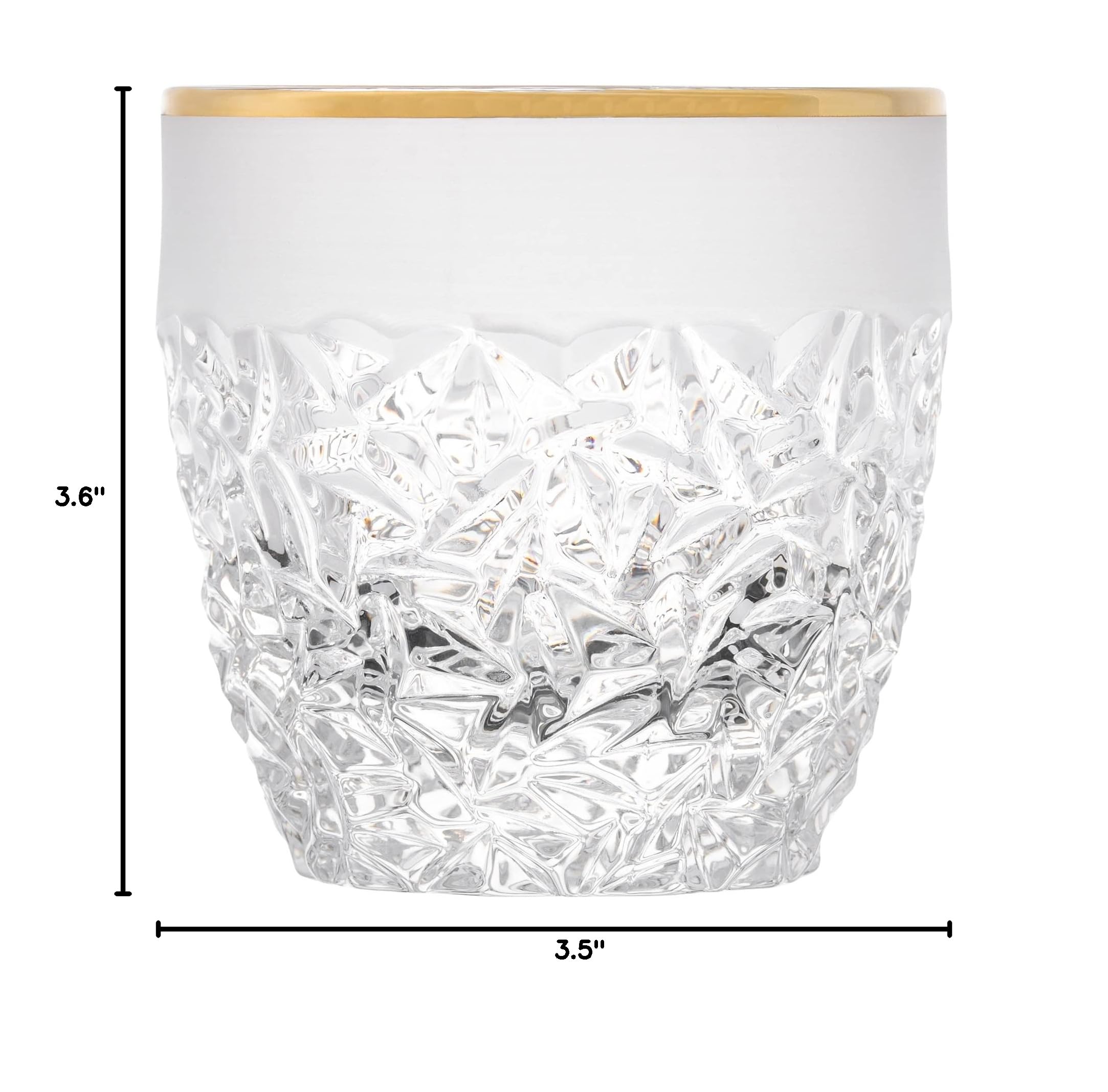 Premium European Crystal Glass Set of 6 - 12 oz Double Old Fashioned Tumblers with Frosted Crack Design & Gold Band - Elegant Barware for Cocktails, Whiskey & Home Entertaining - Made in Europe