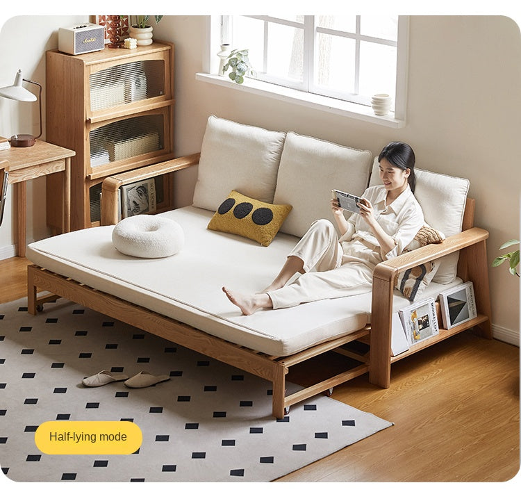 Oak Solid Wood Nordic Telescopic Sofa Bed - Space Saving Convertible Couch for Small Apartments & Guest Rooms | Modern Scandinavian Furniture for Living Room & Studio