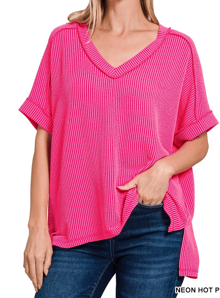 Women's Ribbed Short Sleeve V-Neck T-Shirt - Soft Stretch Casual Top for Everyday Wear | Perfect for Work, Weekend & Layering
