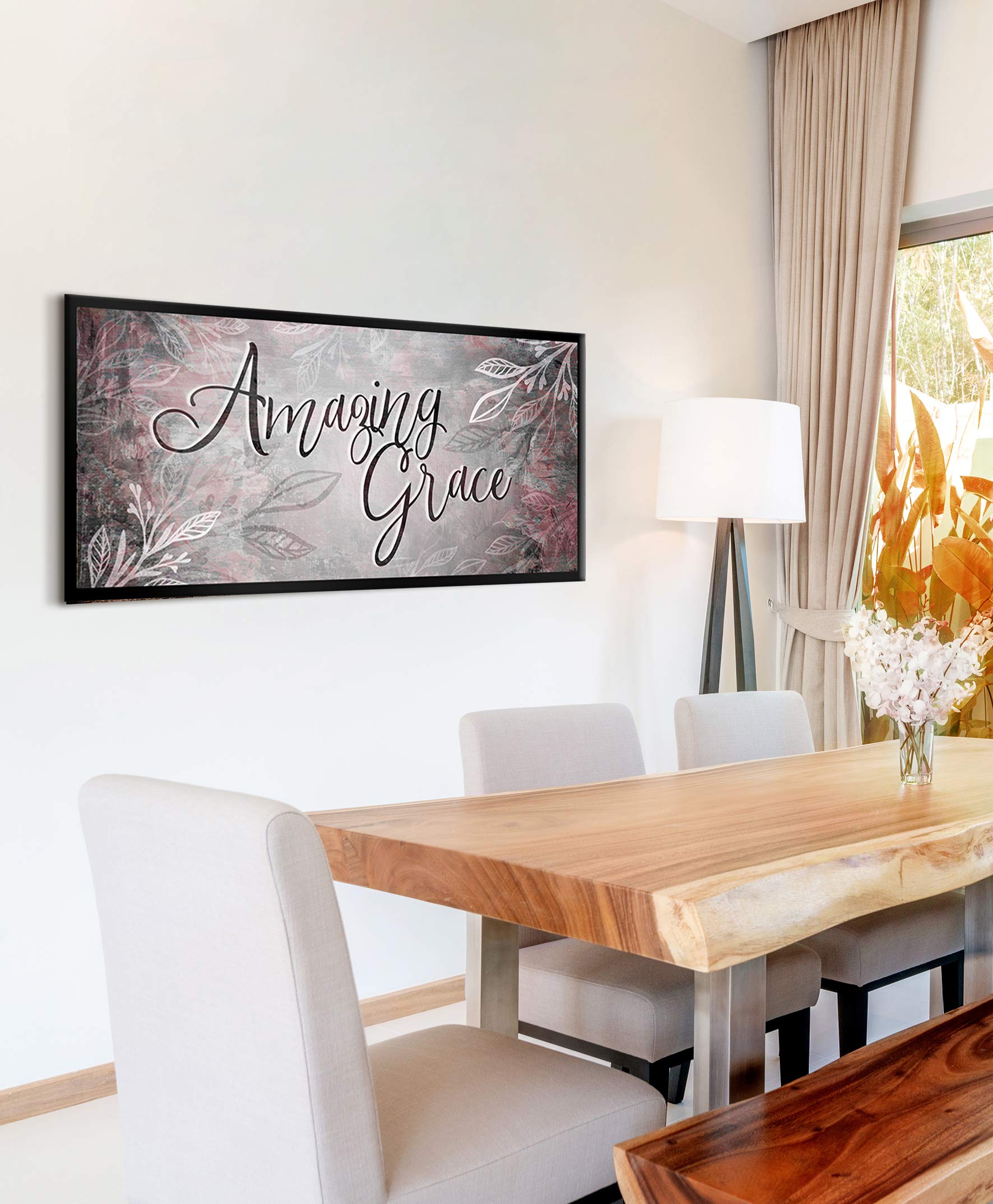 Amazing Grace Christian Wall Art Sign - Rustic Farmhouse Kitchen Decor - Large Framed Canvas Wall Décor Ready to Hang - Red Pink with Black Floating Frame 42x19 - Perfect for Home, Church & Office Decorations