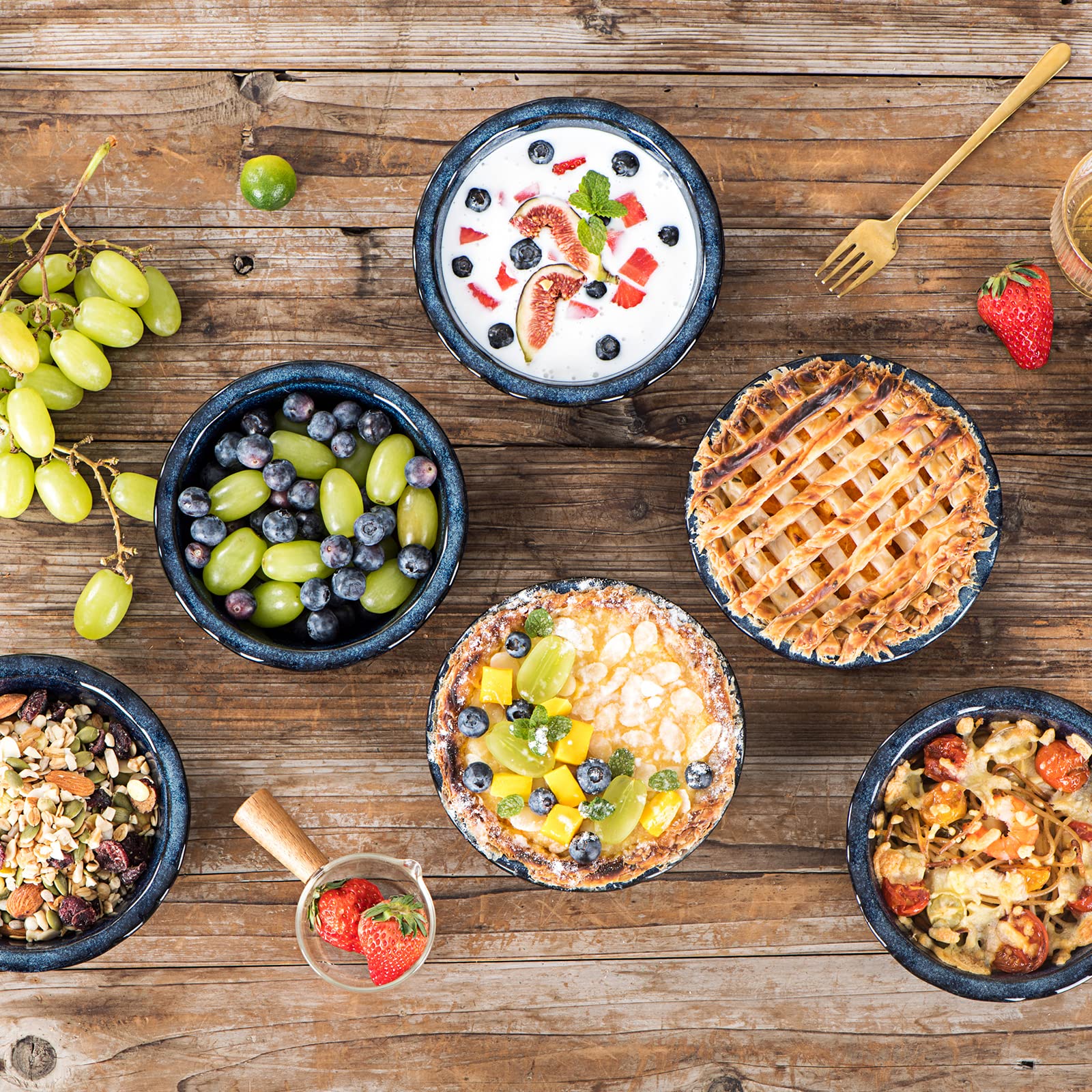 Vicrays 5.5 Inch Ceramic Pie Pan Set of 6 - Deep Dish Round Baking Dish for Apple Pie, Cake, Tart, Pizza - Microwave & Oven Safe Mini Serving Bowls - Perfect for Desserts, Pot Pies & Casseroles - Blue