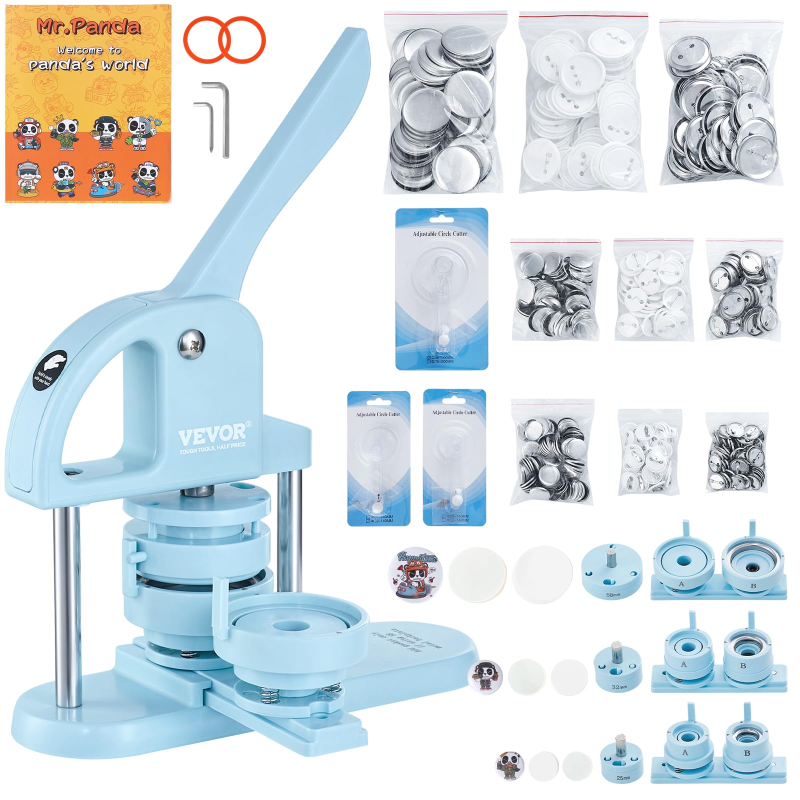 VEVOR 3-in-1 Button Maker Machine Kit - 1/1.25/2.28 Inch (25/32/58mm) Pin Badge Press with 300pcs Button Parts & Panda Magic Book - Ergonomic Arc Handle Punch Press for DIY Crafts, School Projects, Party Favors and Kids Gifts (Blue)