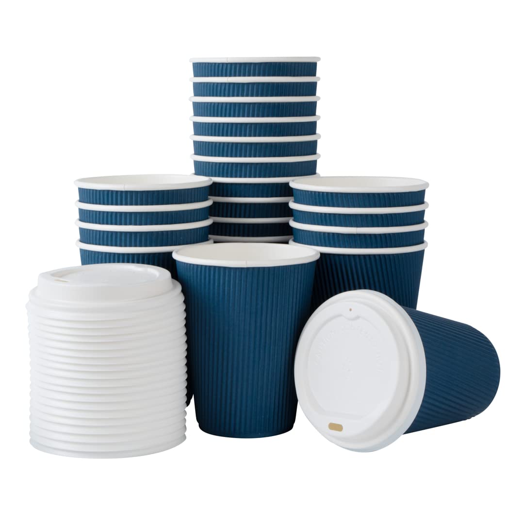12oz Insulated Coffee Cups with Lids (200 Pack) - Leakproof & Non-Slip Ripple Wall Hot Cups for Tea, Hot Chocolate, Lattes | Midnight Blue Disposable Paper Cups for Restaurants, Cafes, Offices & Events