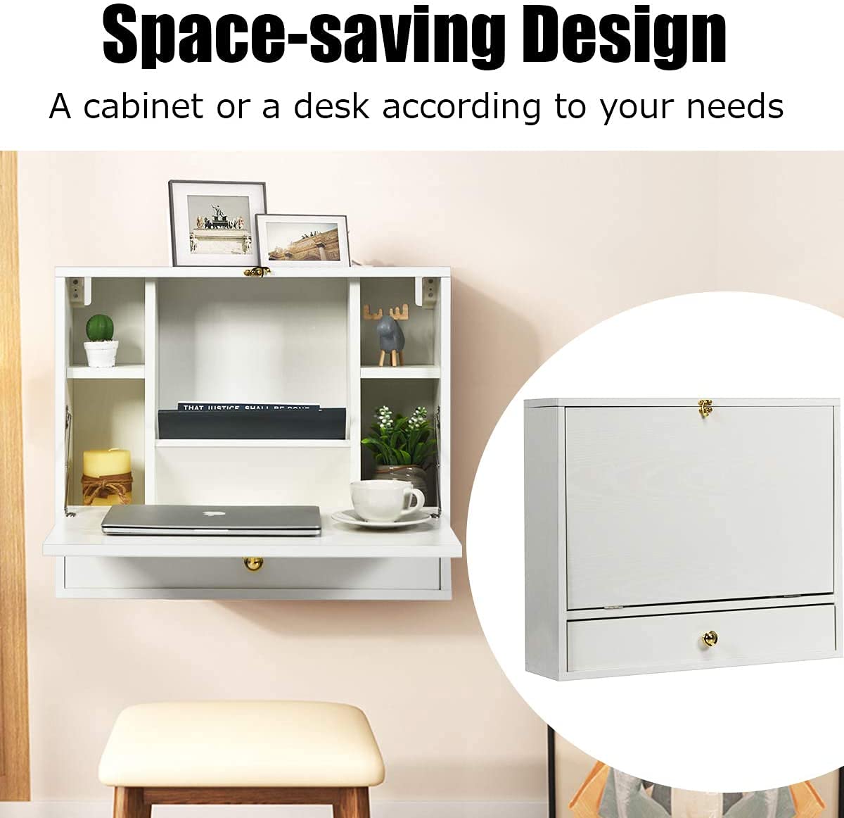 Topment Wall Mounted Folding Desk - Space Saving Home Office Workstation with Storage | White Hanging Laptop Desk for Small Spaces | Perfect for Bedroom, Study & Apartment Workspaces
