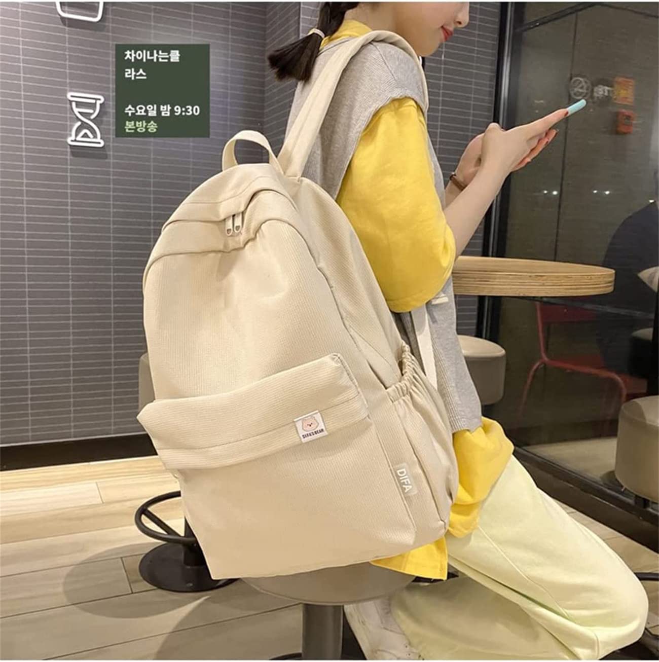 Difa Bear Backpack - Kawaii Cute Aesthetic Sage Green Rucksack with Large Capacity for School, Travel & Daily Use (White)
