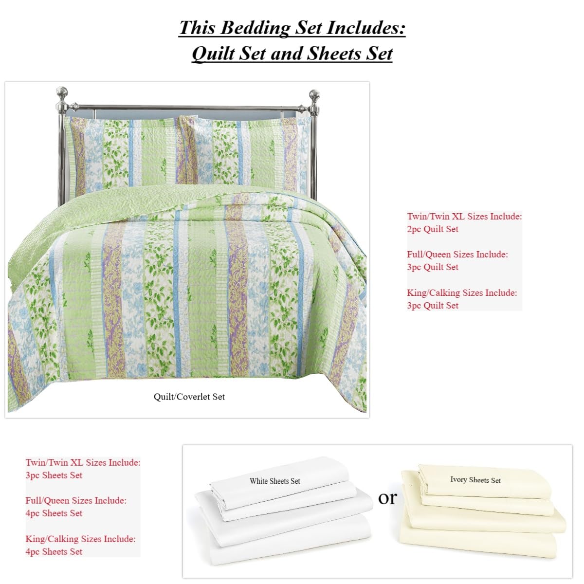 7-Piece Full Size Bedspread Set - Hayley Printed Quilted Wrinkle-Free Microfiber Bedding - Includes 3-Piece Coverlet Set & 4-Piece Sheet Set - Perfect for Master Bedroom, Guest Room, and Dorm Decor
