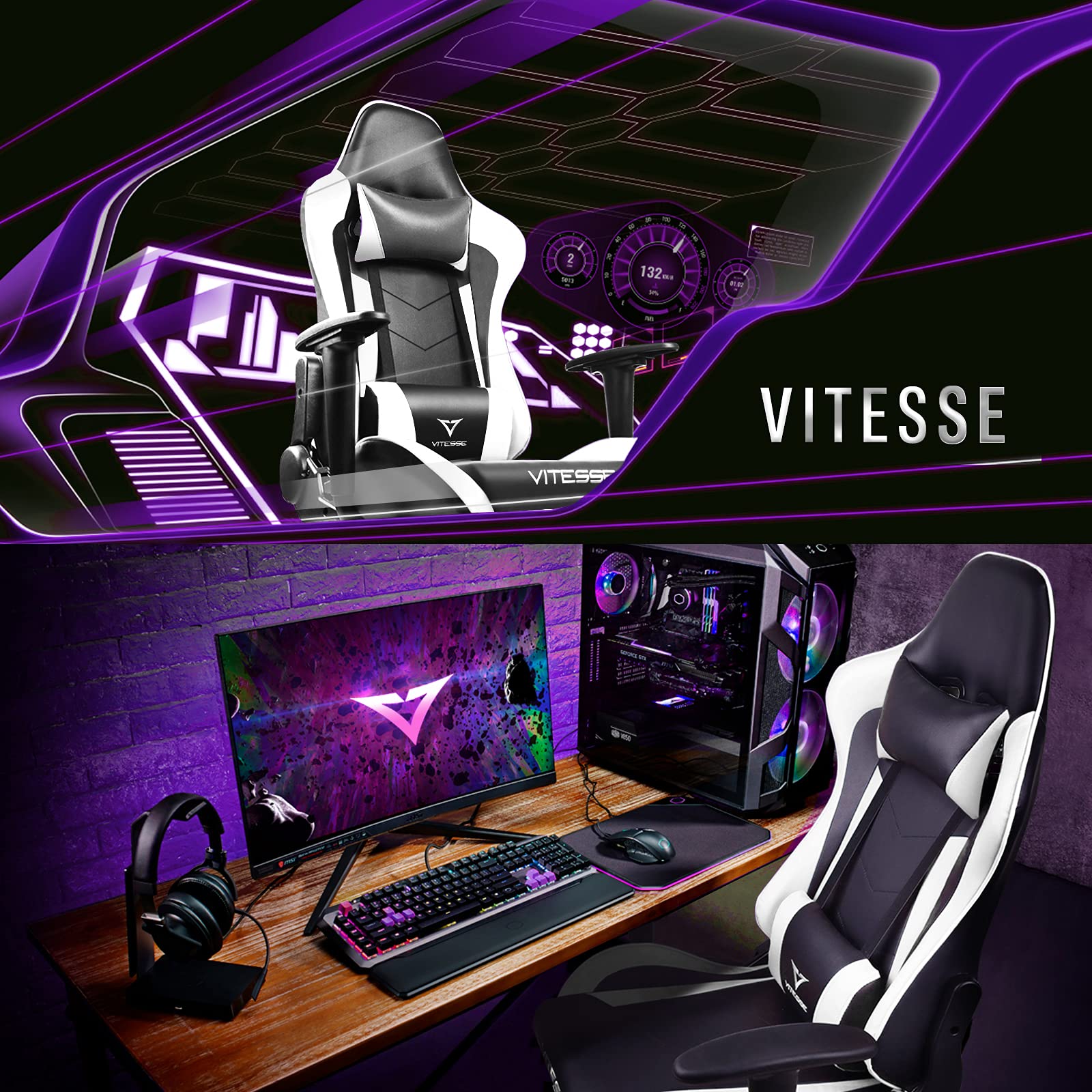 PUKAMI Ergonomic Gaming Chair for Teens - High Back Racing Style Computer Desk Chair with Adjustable Height, Lumbar Support & Headrest - Perfect for PC, PS5, Xbox Gaming & Home Office (White)