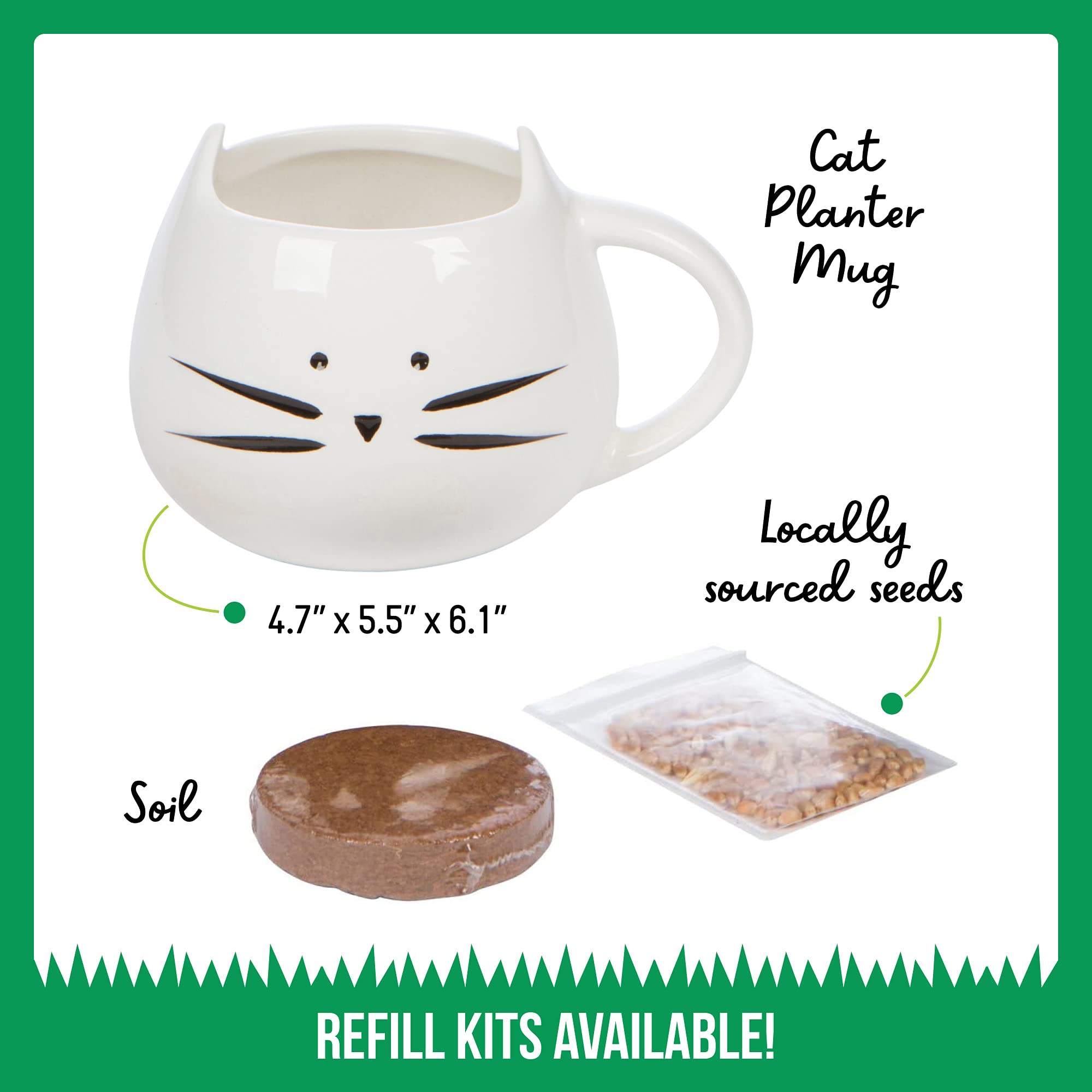 TCL White Ceramic Cat Mug with Cat Grass Growing Kit & Refill - Perfect for Pet Lovers, Office Desk Decor, and Indoor Gardening Gifts